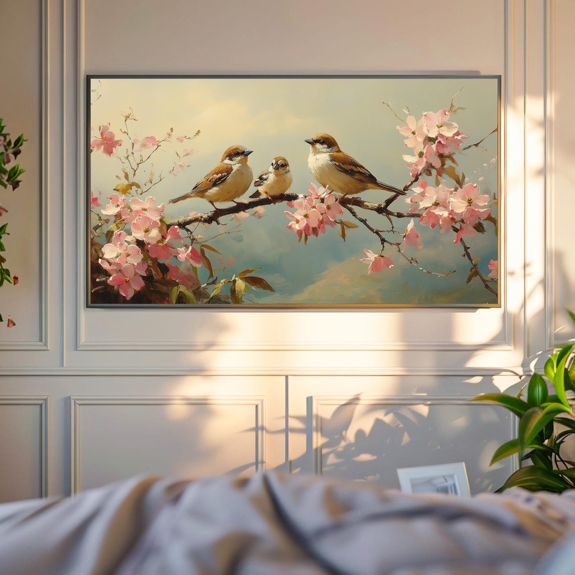 Sparrow Family On Pink Blossoming Branch Spring Nature Poster - Image 4