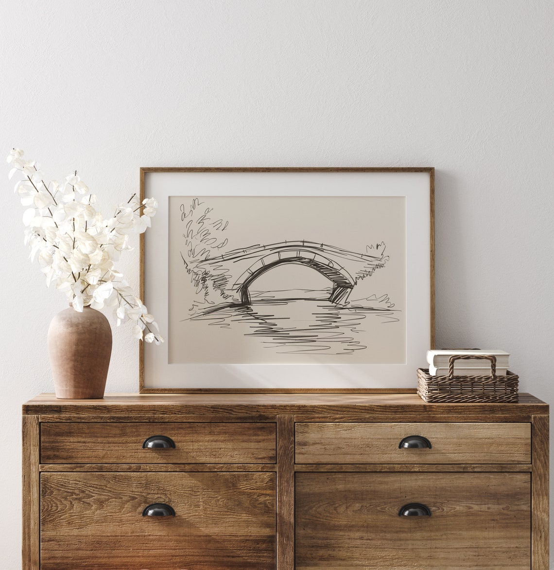 Stone Bridge Over Calm River Quick Ink Sketch Rural Poster Art - Image 3