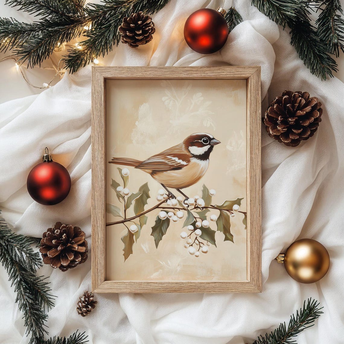 Chickadee on Holly Branch with White Berries Vintage Winter Poster - Image 4