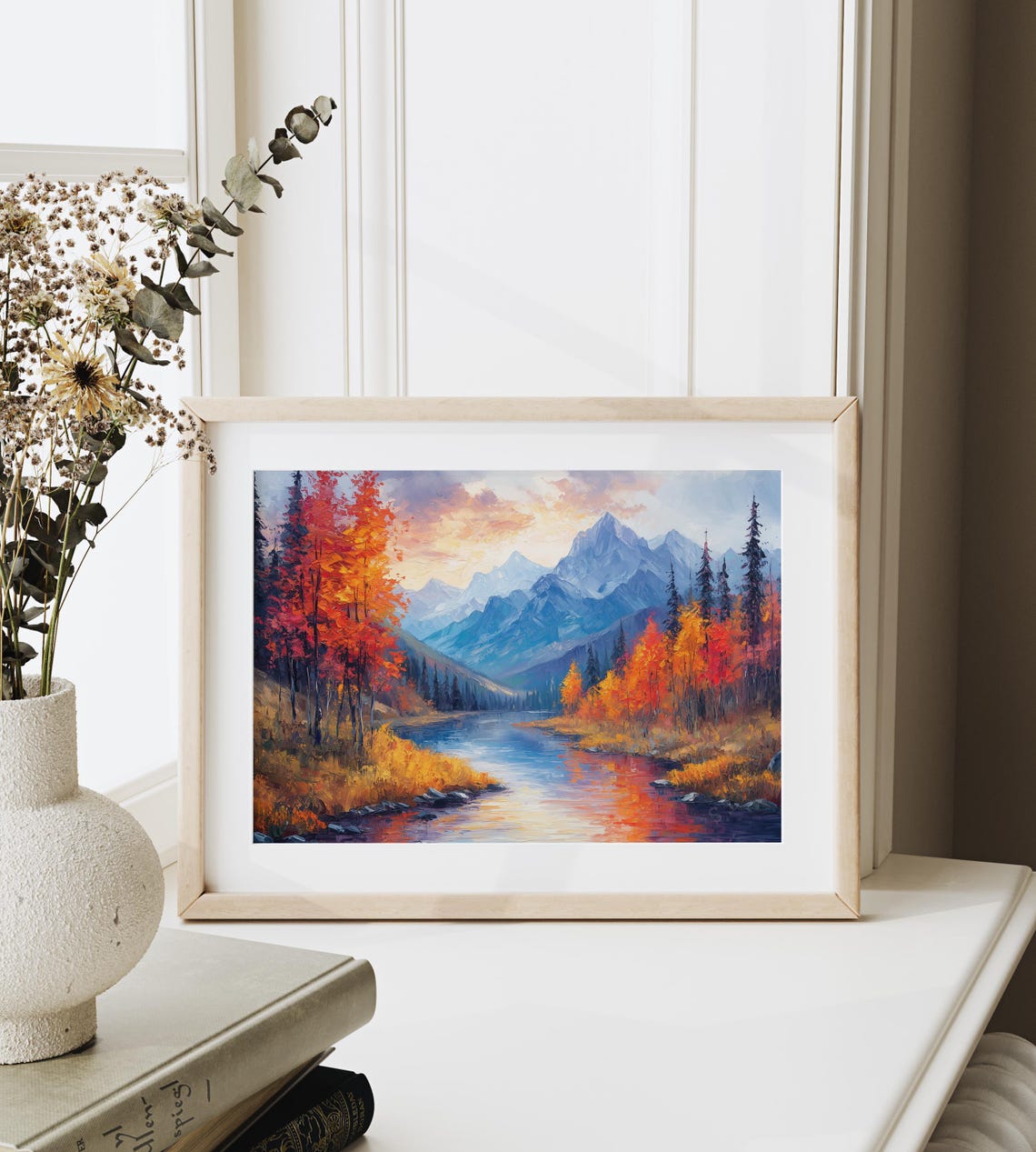 Sunset Mountain Lake Autumn Trees Oil Painting Reflection Poster - Image 6