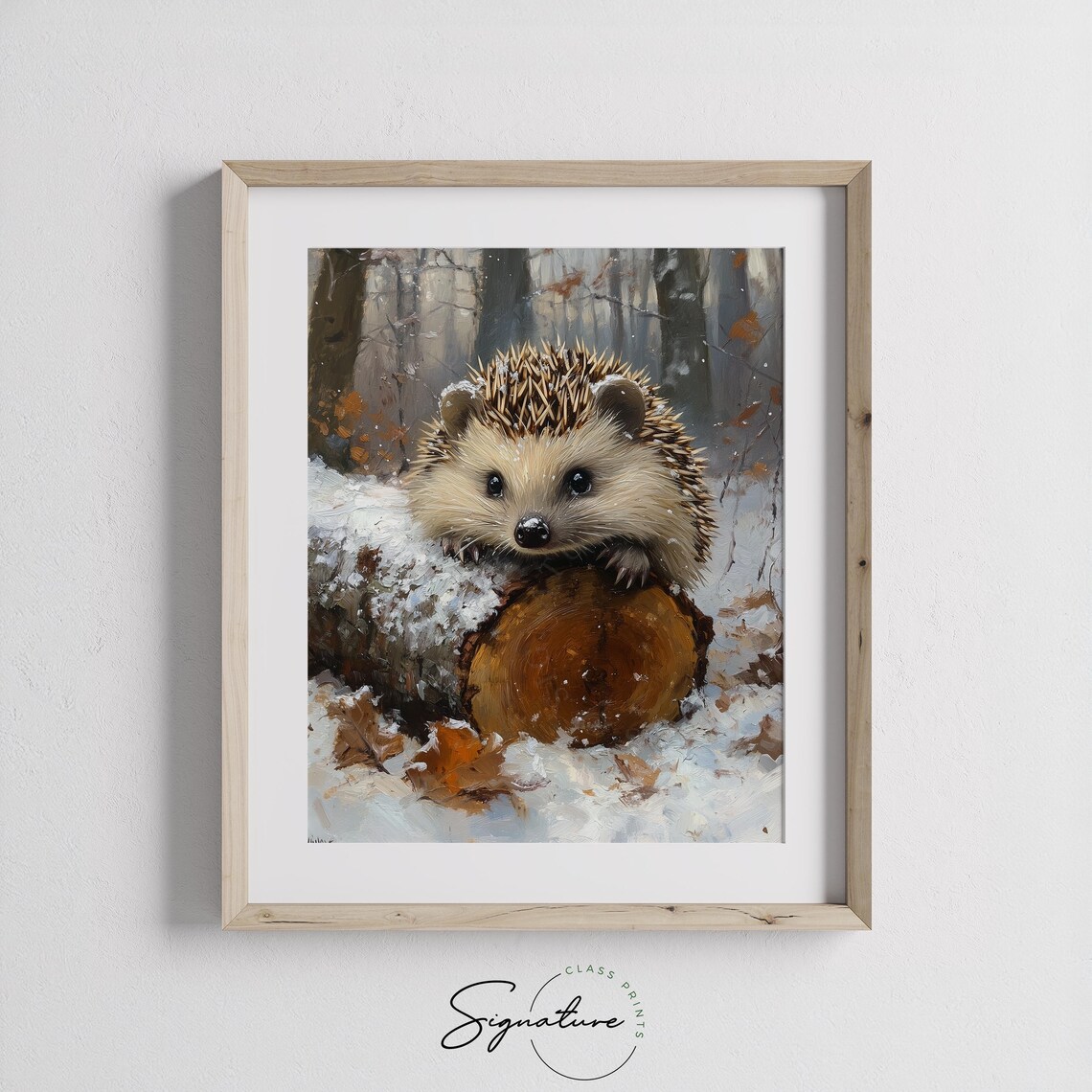 Cute Hedgehog Snowy Log Winter Woodland Forest Animal Oil Painting Poster - Image 3