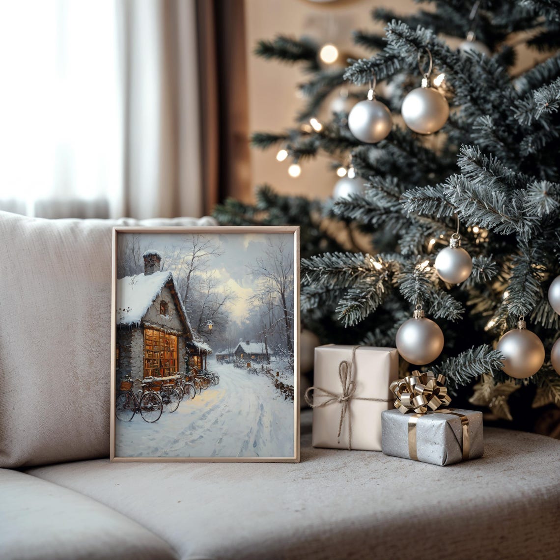 Snowy Bookstore with Glowing Windows and Bicycles Winter Poster - Image 5