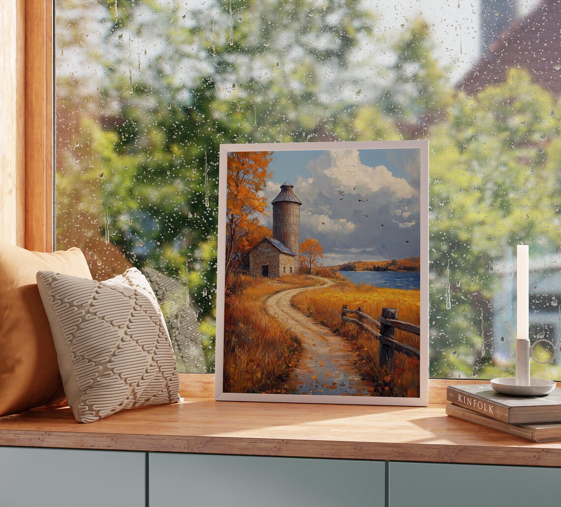 Stone Barn and Silo by the Lake With Winding Path and Rustic Fence Wall Art - Image 2