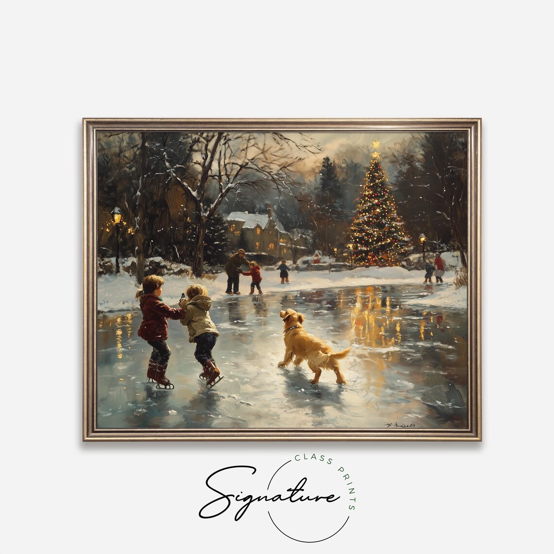 Children and Golden Retriever in Snow, Rustic Winter Art Print - Image 4