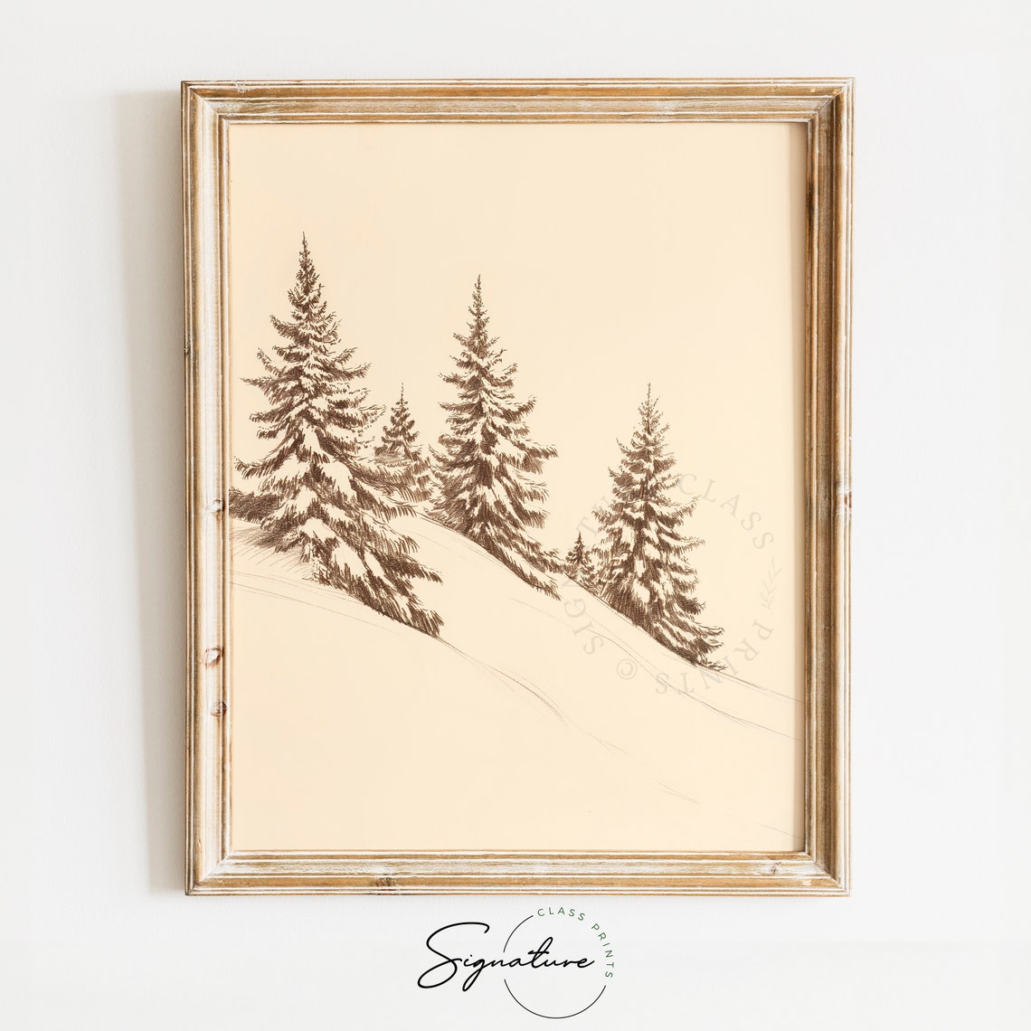 Snowy Pines On Mountain Slope Winter Forest Ink Sketch Poster