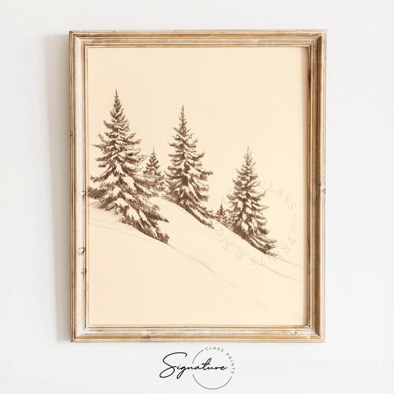 Snowy Pines On Mountain Slope Winter Forest Ink Sketch Poster