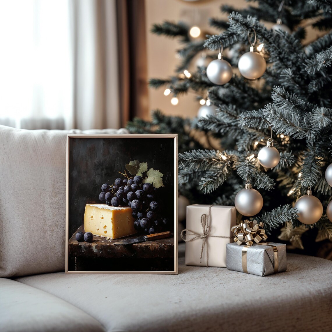 Dark Grapes With Aged Cheese Classic Still Life Oil Painting Poster - Image 5