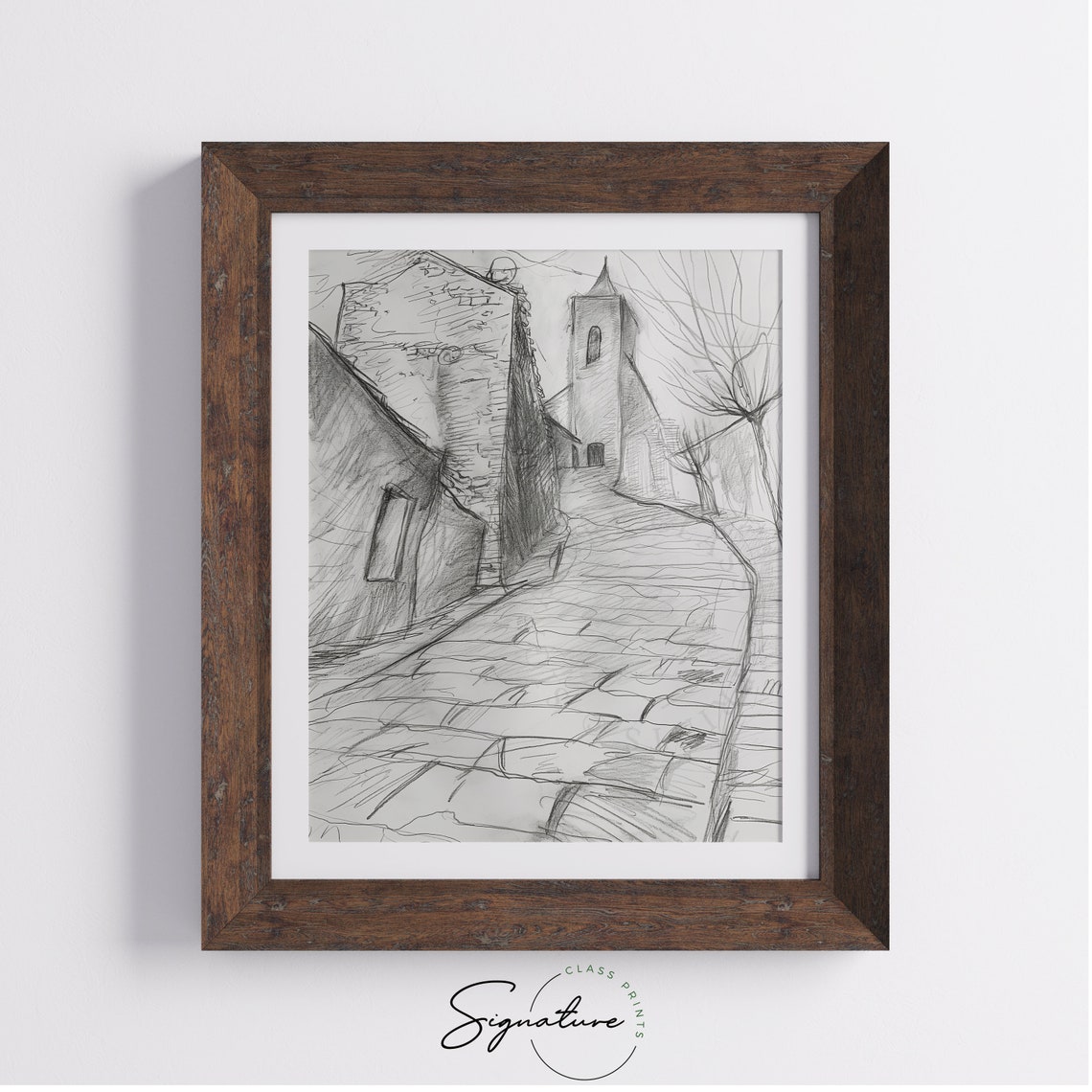 Cobblestone Path To Ancient Stone Church Vintage Sketch Poster - Image 4
