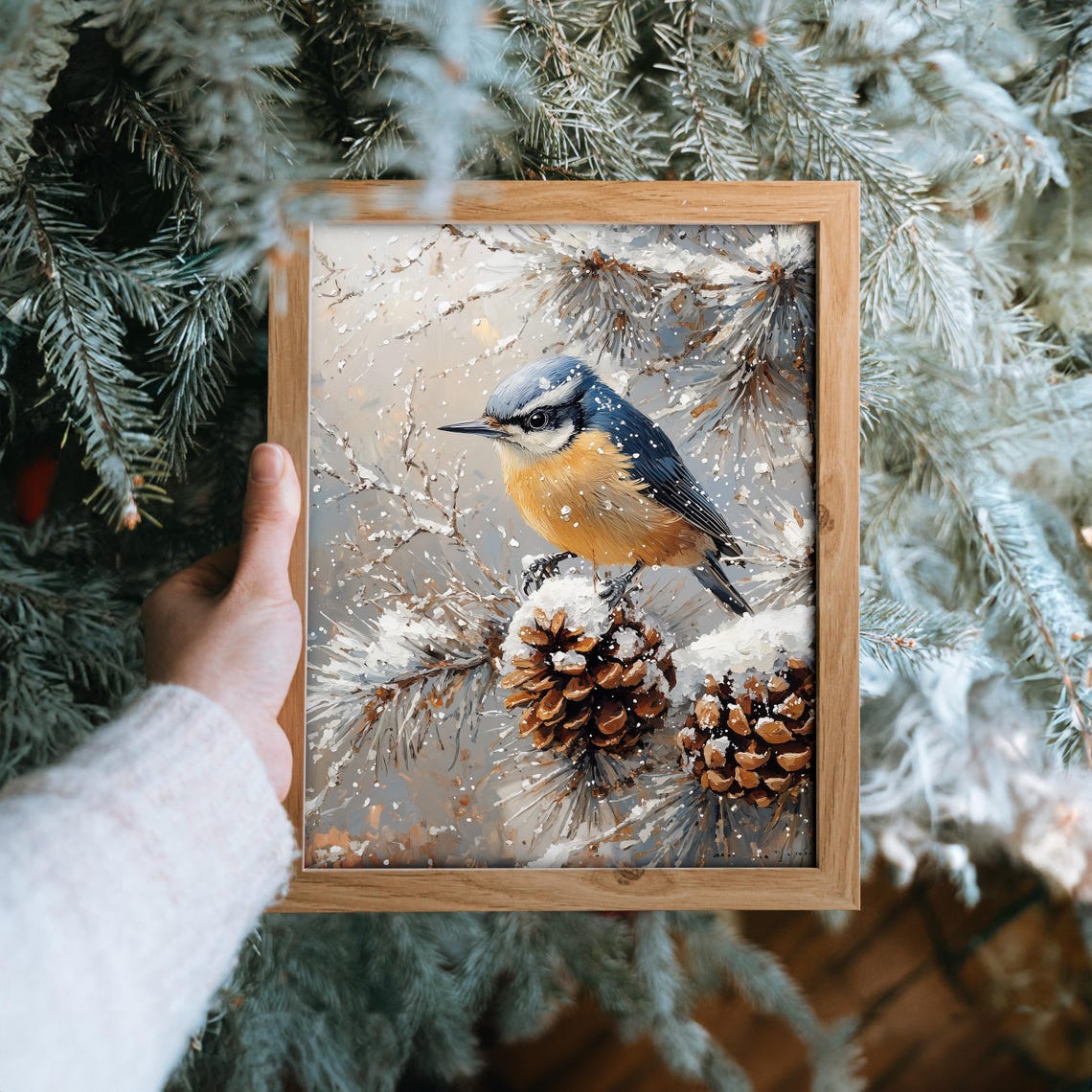 Nuthatch Perched On Snowy Pinecone Frosty Evergreen Bird Art Poster - Image 6