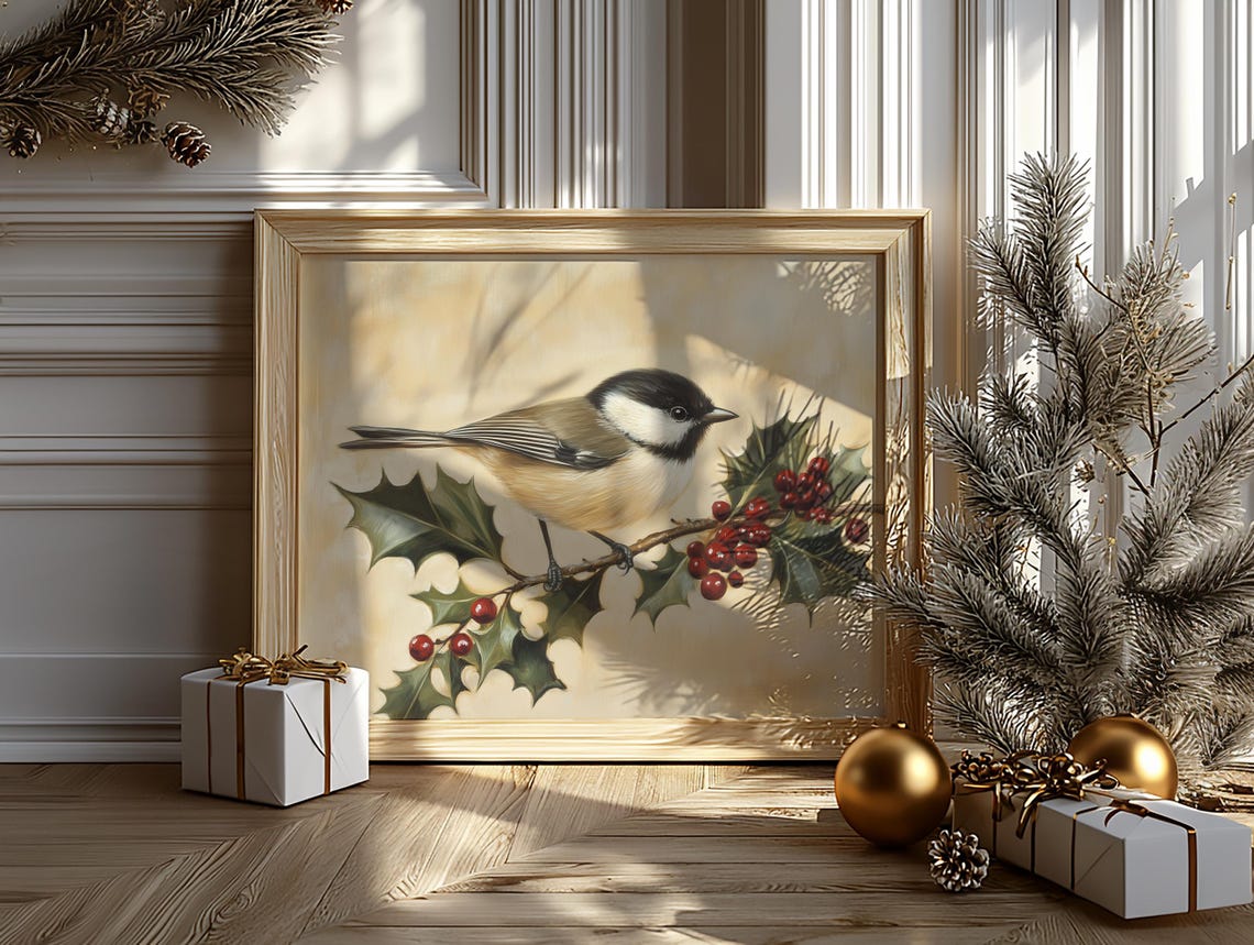 Black Capped Chickadee On Holly And Berries Vintage Bird Print - Image 6