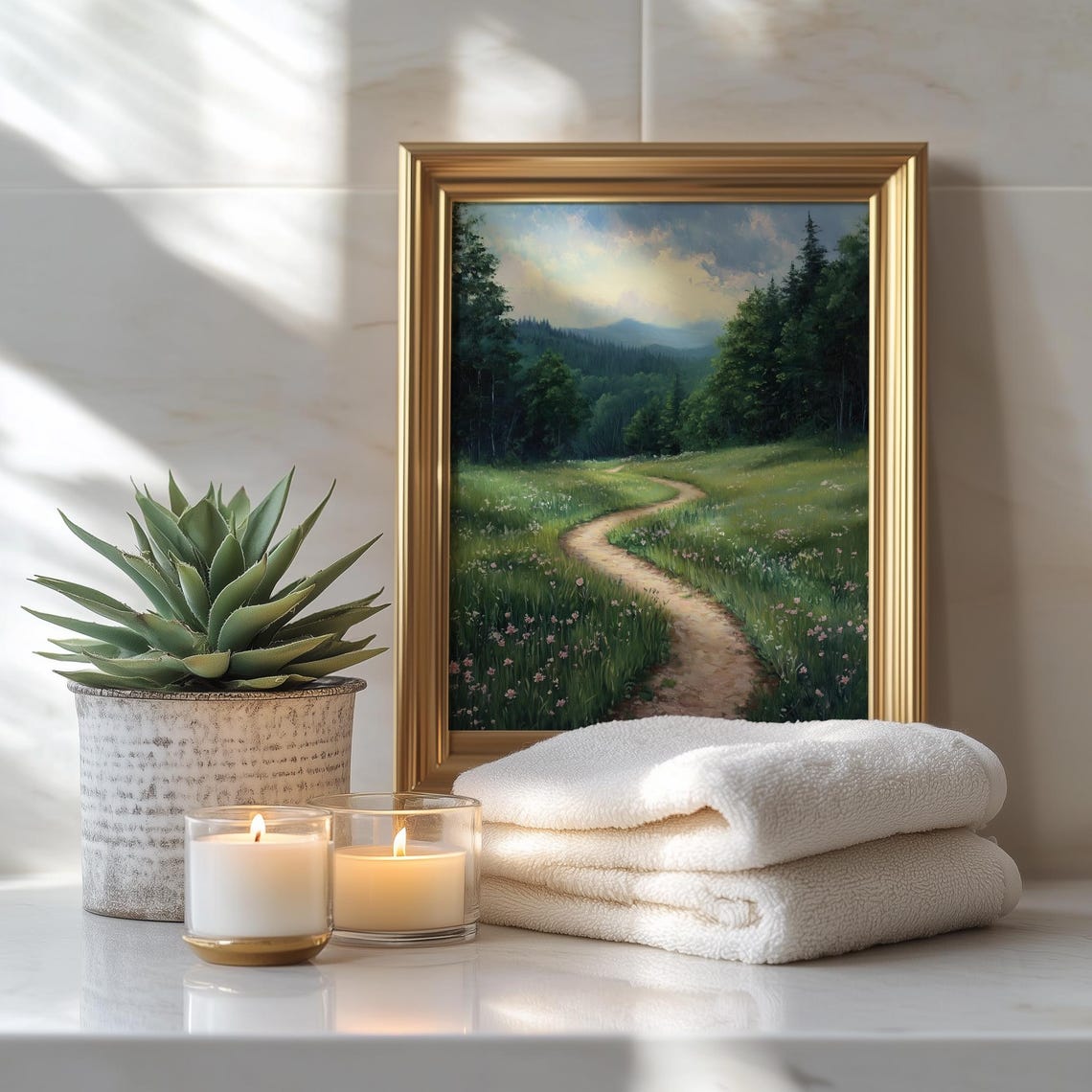 Winding Path Through Green Meadow To Pine Forest Landscape Painting - Image 3