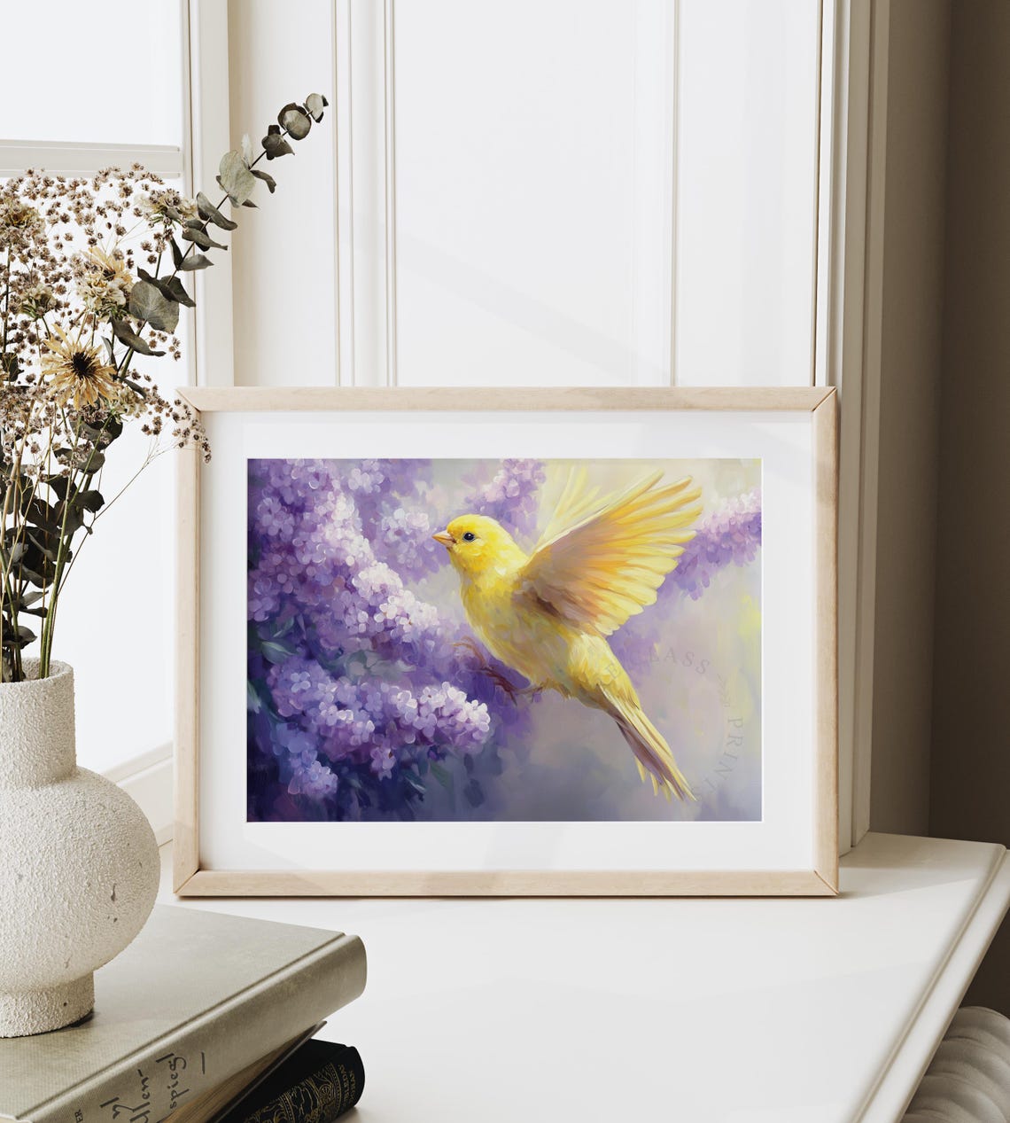 Yellow Canary With Wings Spread Among Purple Lilac Blooms Poster - Image 4