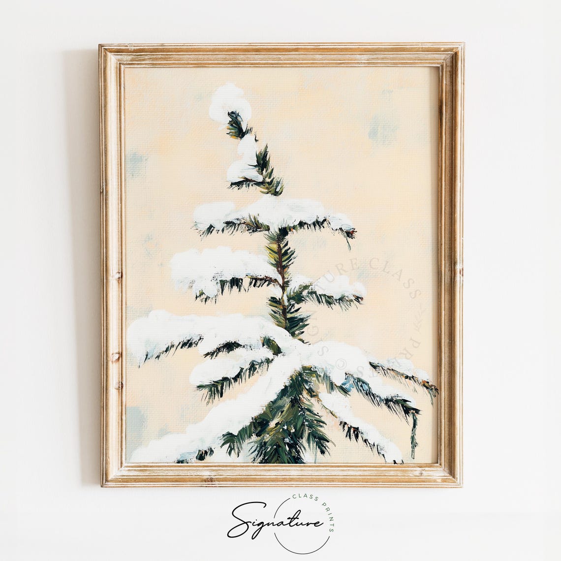 Snow Covered Fir Branch Against a Warm Beige Sky Winter Poster