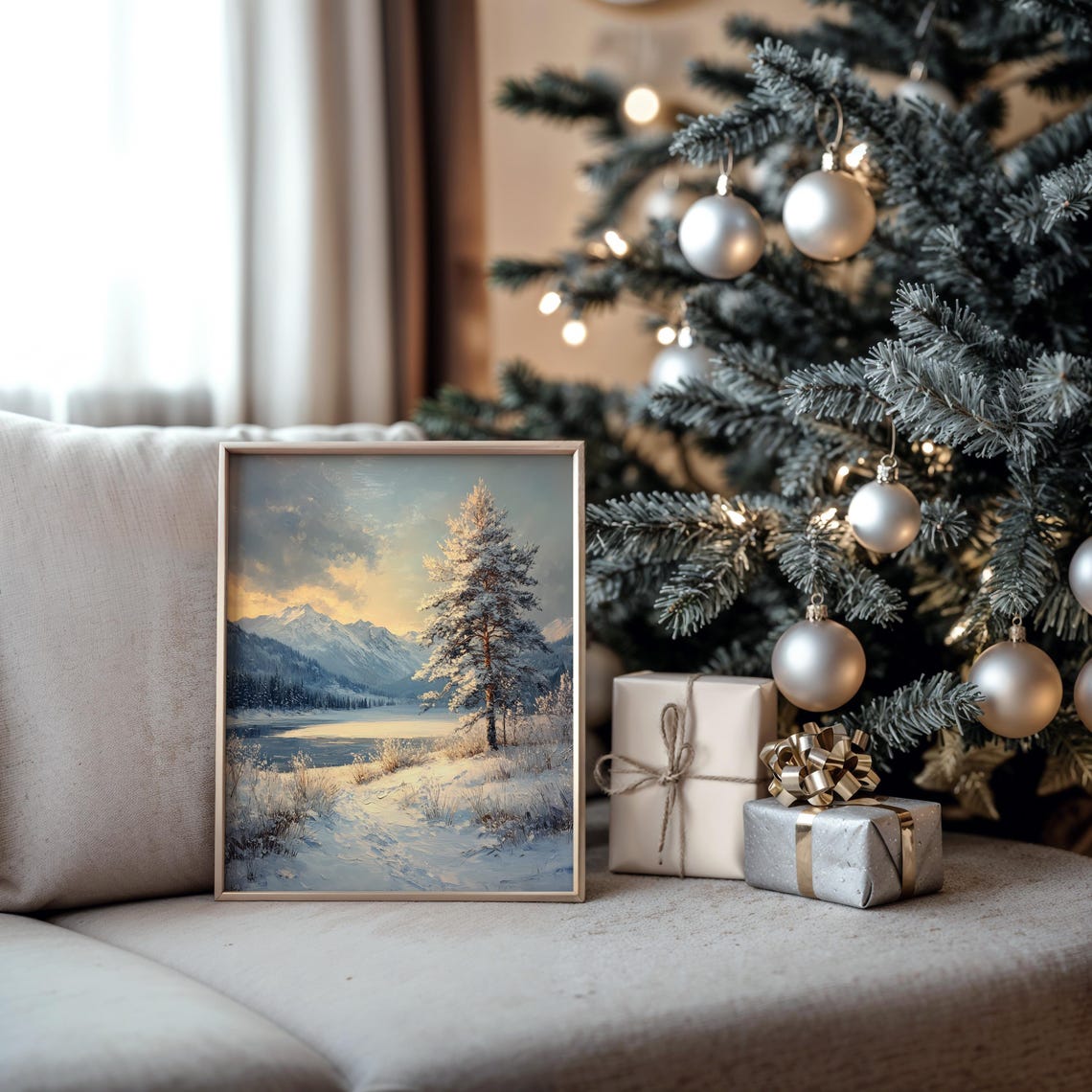 Snowy Pine By A Frozen Lake With Mountain Sunset Glow Poster - Image 5