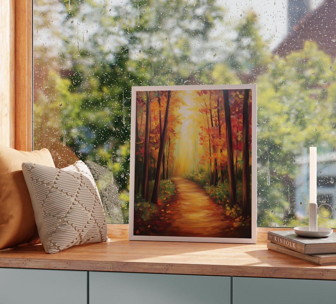 Sunbeams Pouring Down an Autumn Forest Path in Golden Light Poster - Image 2