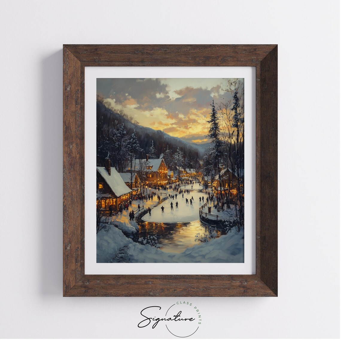 Snowy Village Pond with Skaters at Sunset near Cottages Poster - Image 3