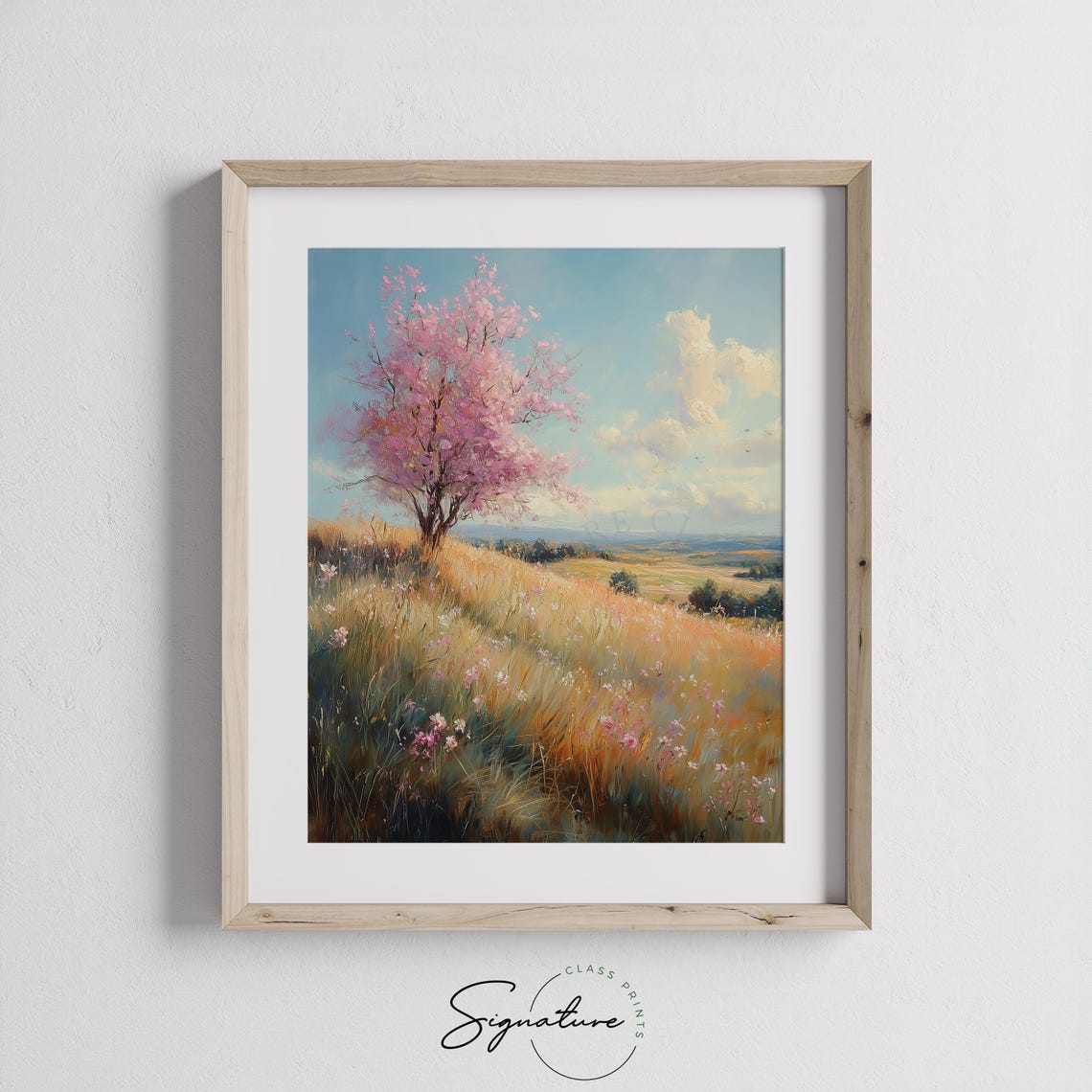 Pastoral Spring Meadow With Blossoming Pink Tree Golden Field Poster - Image 2
