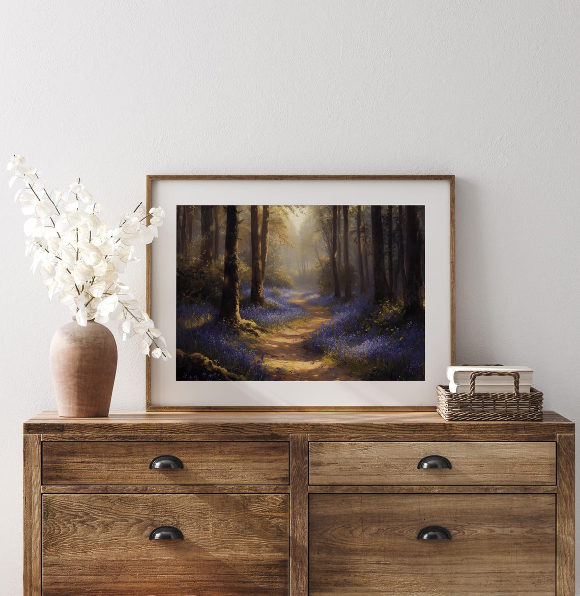 Sunlit Bluebell Wood Path Between Towering Forest Trees Wall Art - Image 3