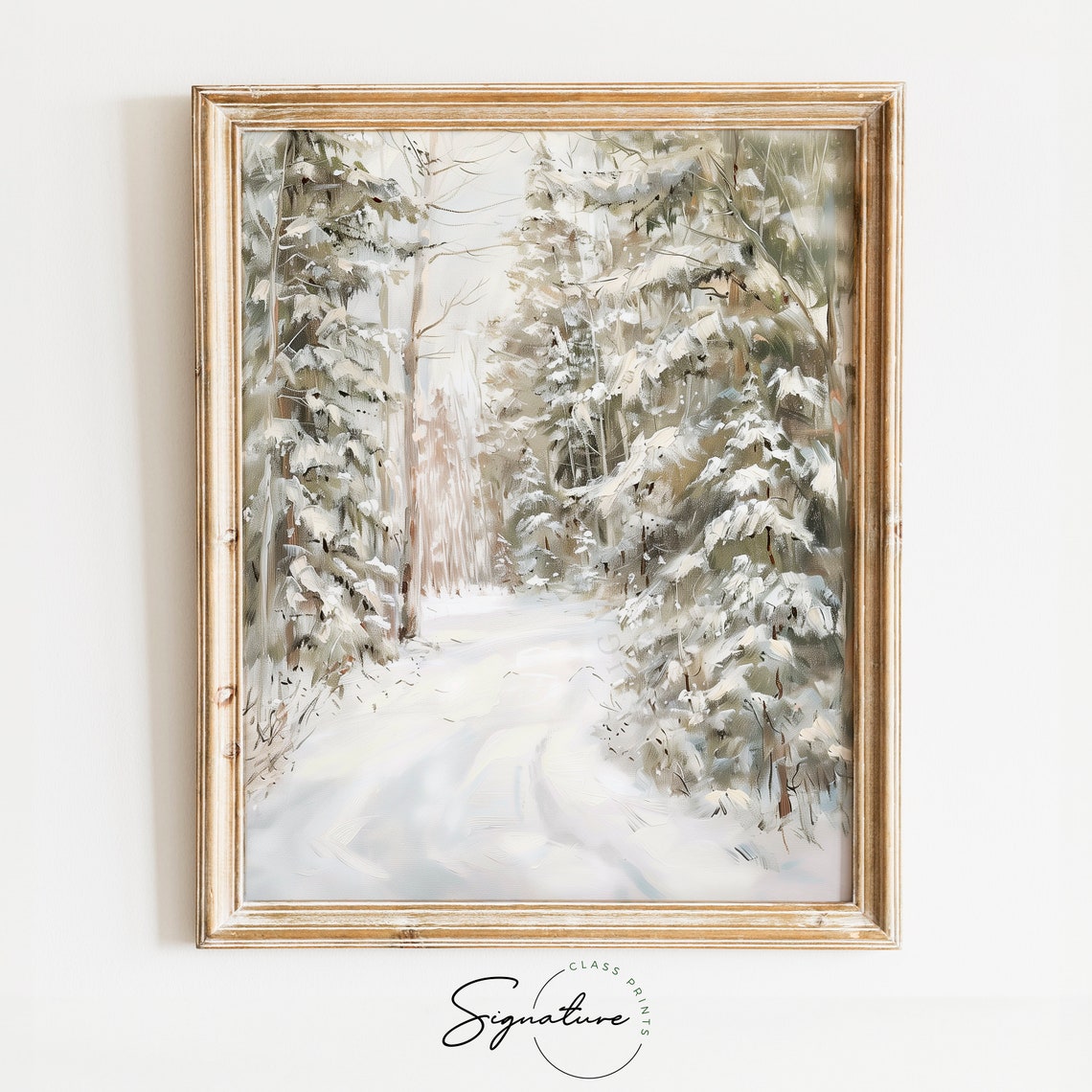 Snowy Boreal Forest Path in Soft Winter Light Landscape Poster