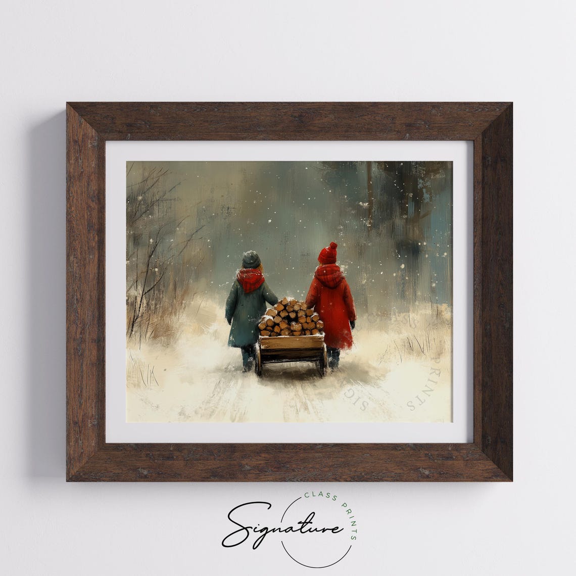 Children Pulling Firewood Cart Through Snowy Woods Scene Poster - Image 5