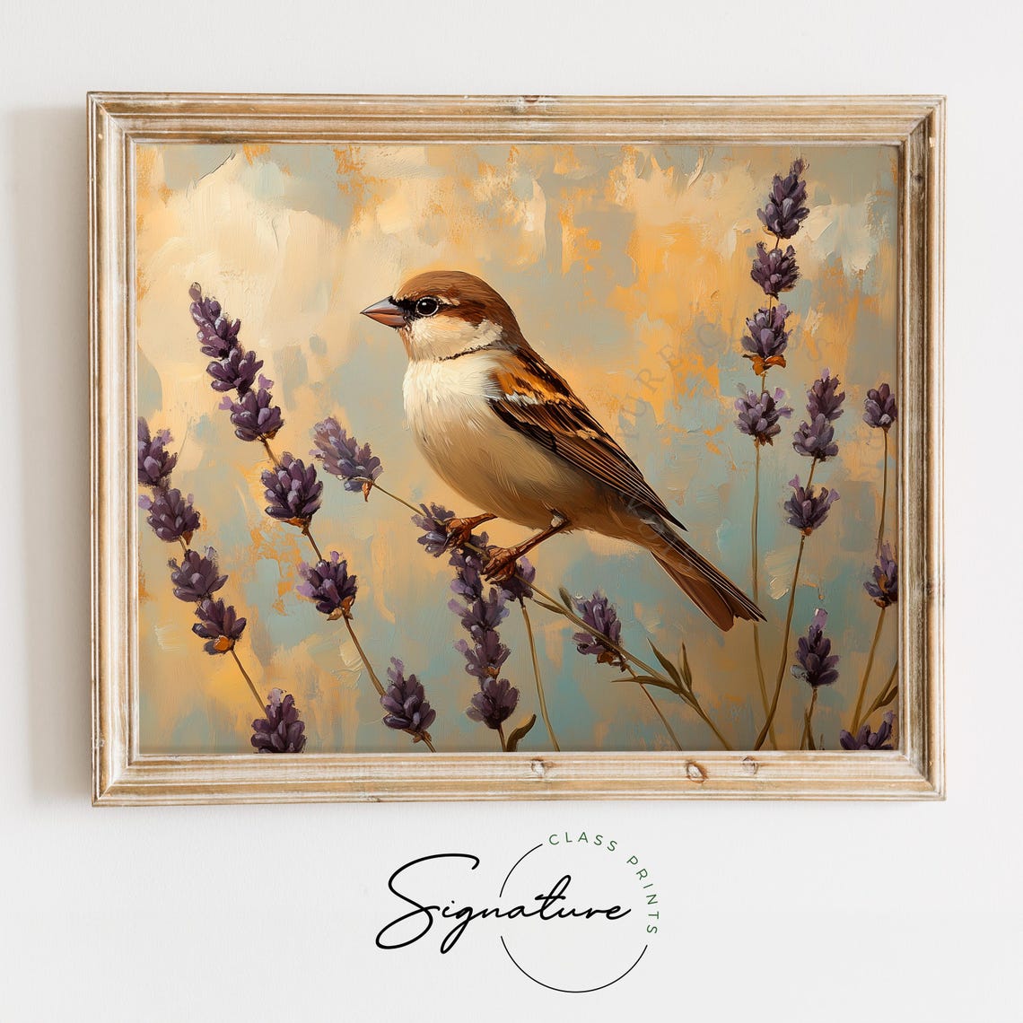 Tree Sparrow Among Lavender Stems Against Golden Backdrop Poster