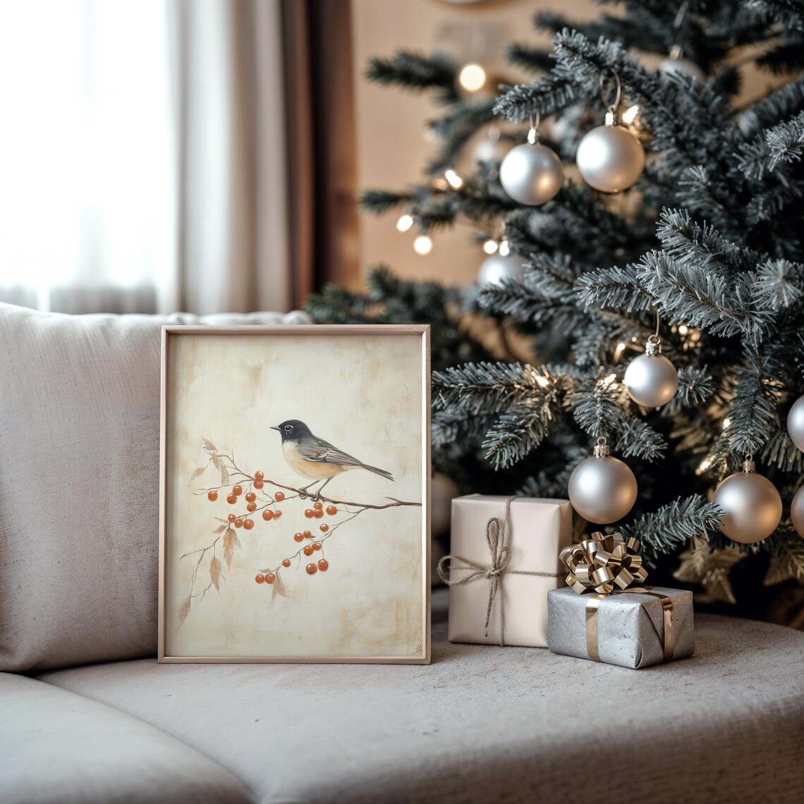 Chickadee Red Berry Branch Cream Vintage Winter Bird Painting Poster - Image 5