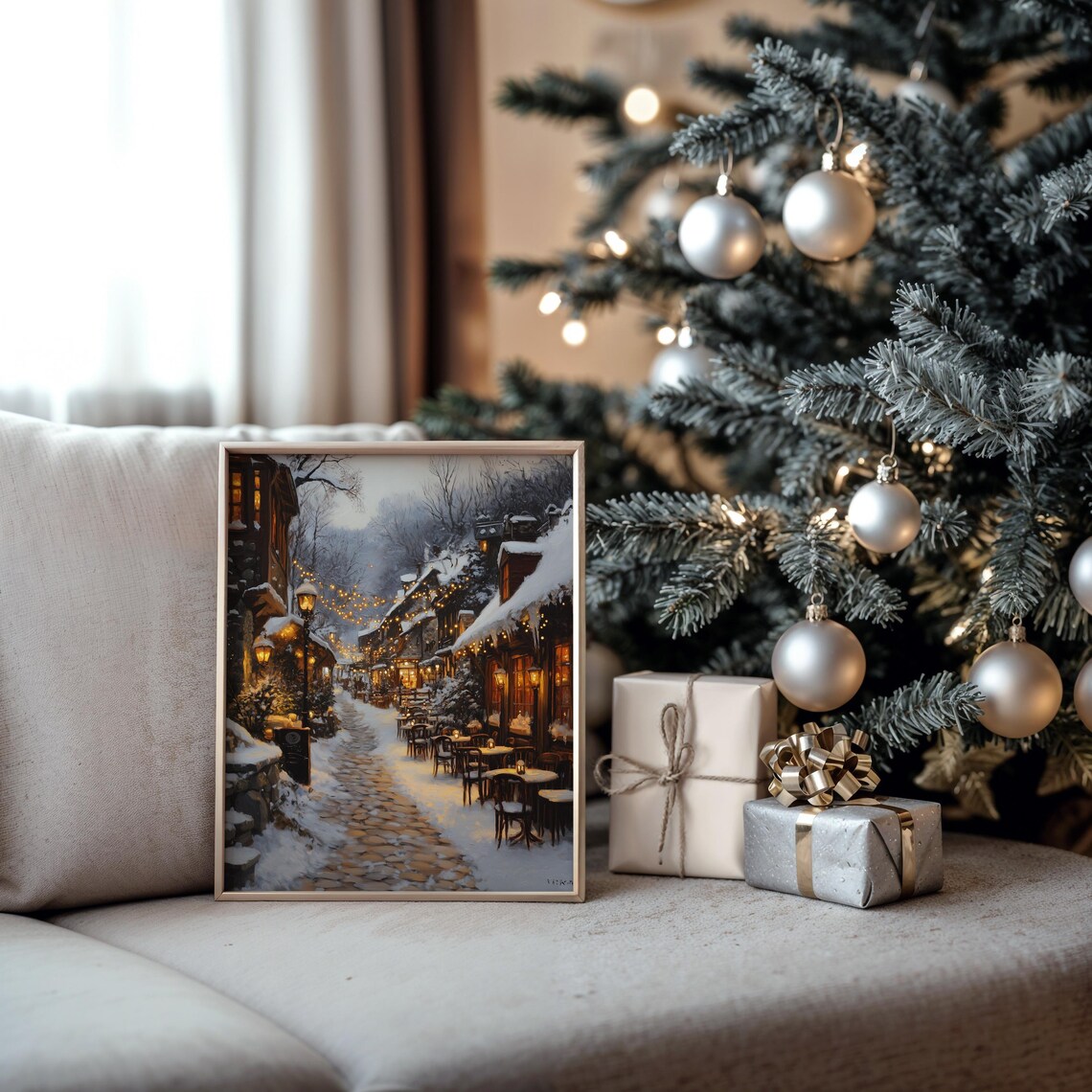 Winter Village Square With Cafe Lights, Holiday Art Print - Image 5