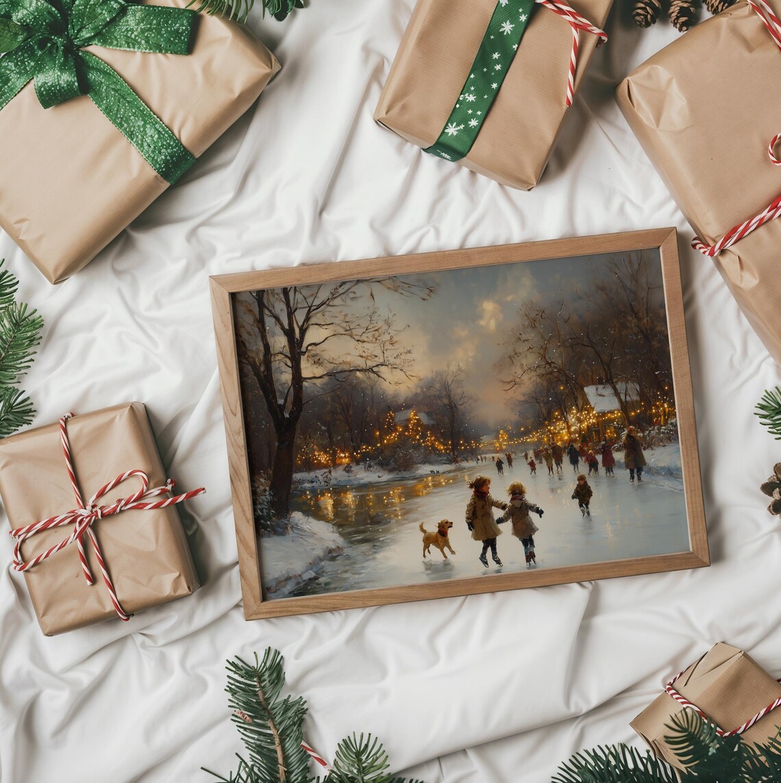 Winter Ice Skating on a Frozen Pond With Children and Dog Poster - Image 2