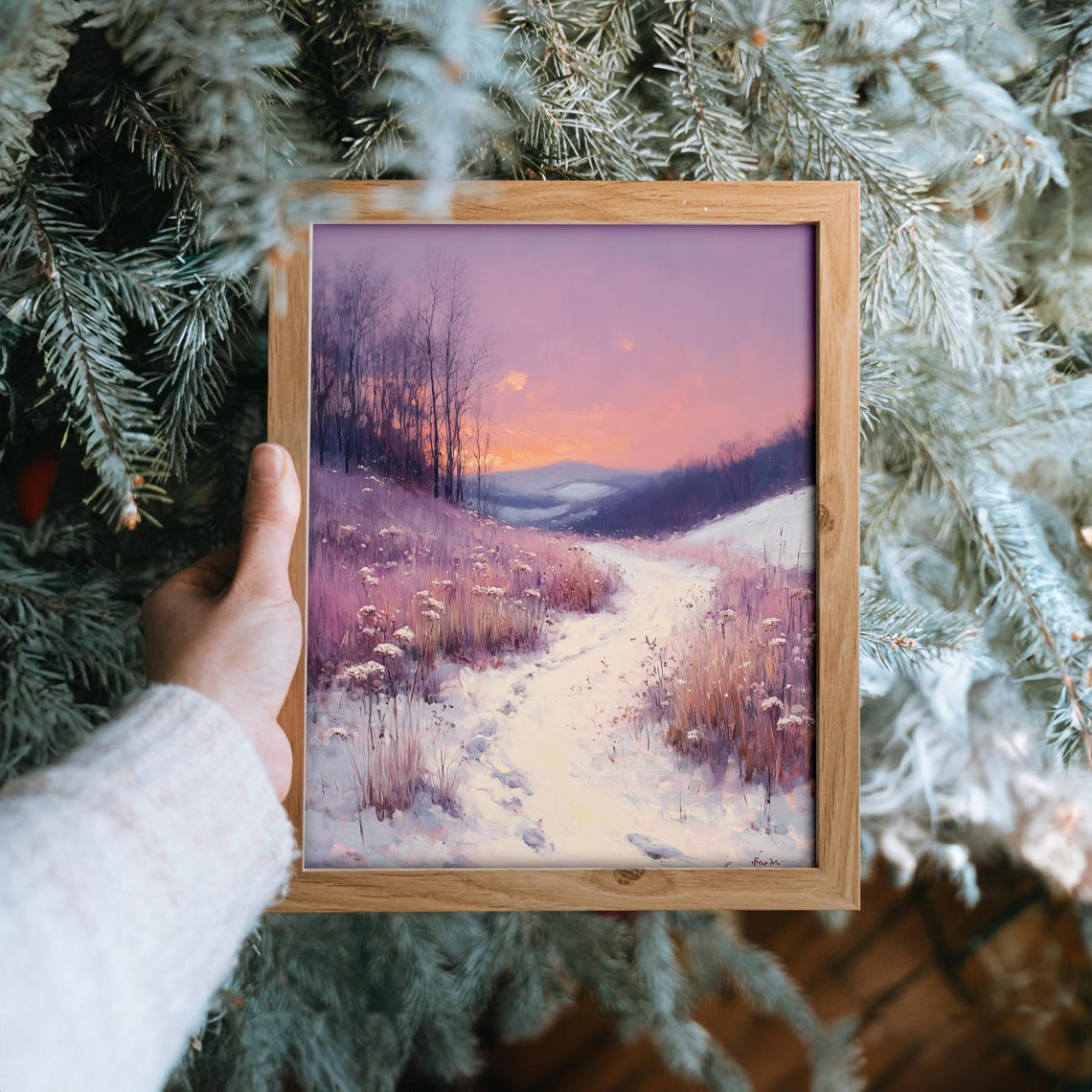 Snowy Hillside Path Purple Evening Glow Winter Landscape Poster - Image 6