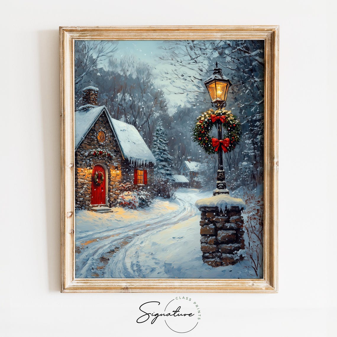 Stone Cottage with Red Door Wreath and Icicles Winter Poster