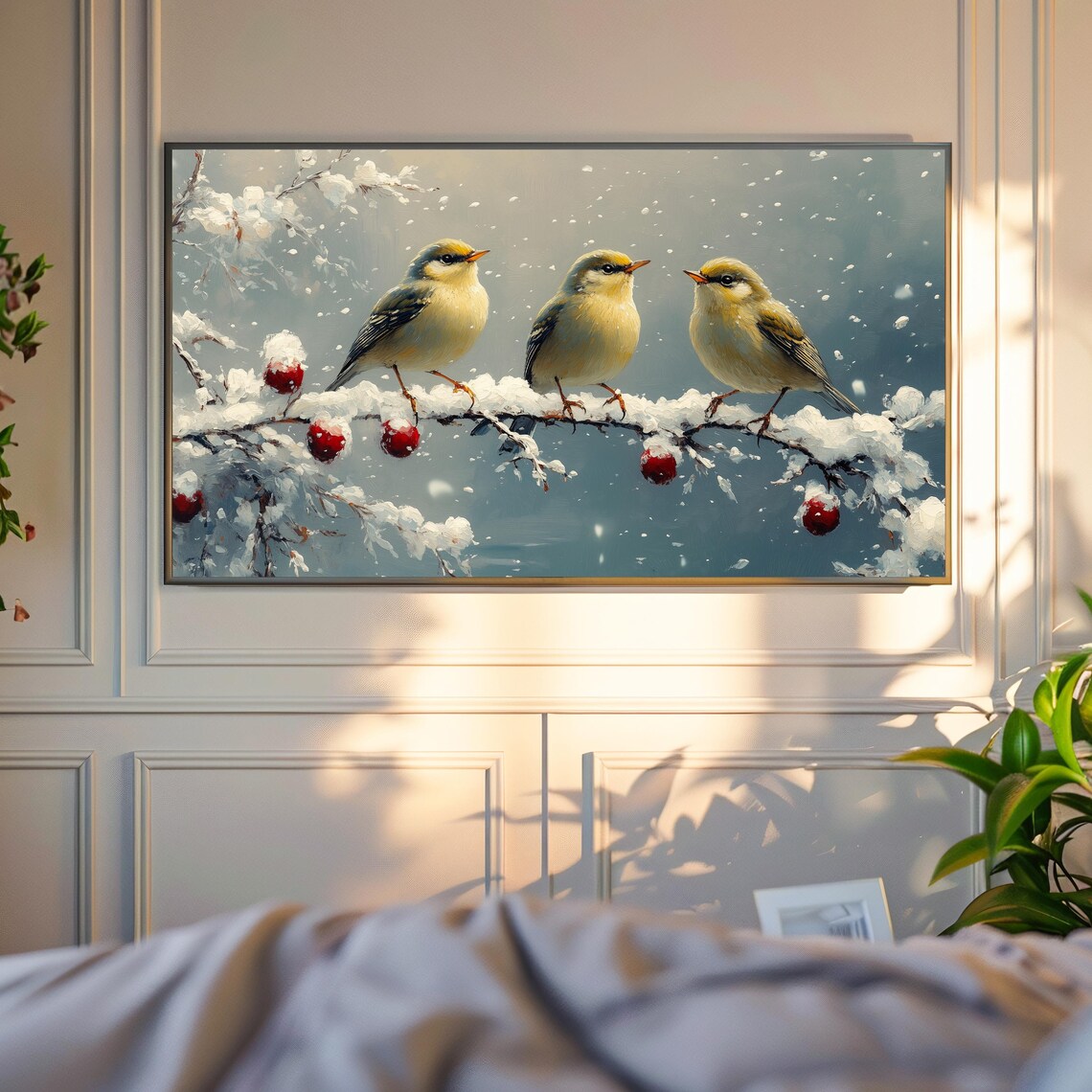 Goldcrest Trio On Snowy Berry Branch In Gentle Falling Snow Winter Art Poster - Image 4