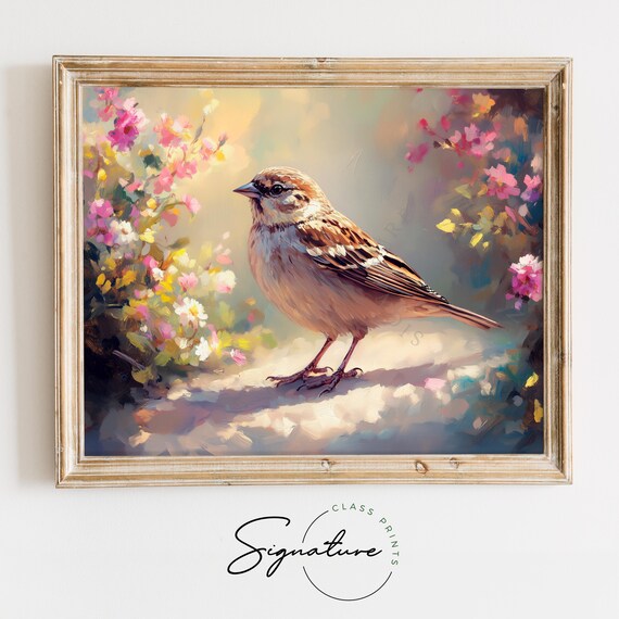 Sparrow Among Spring Flowers Dappled Sunlight Garden Bird Painting Poster