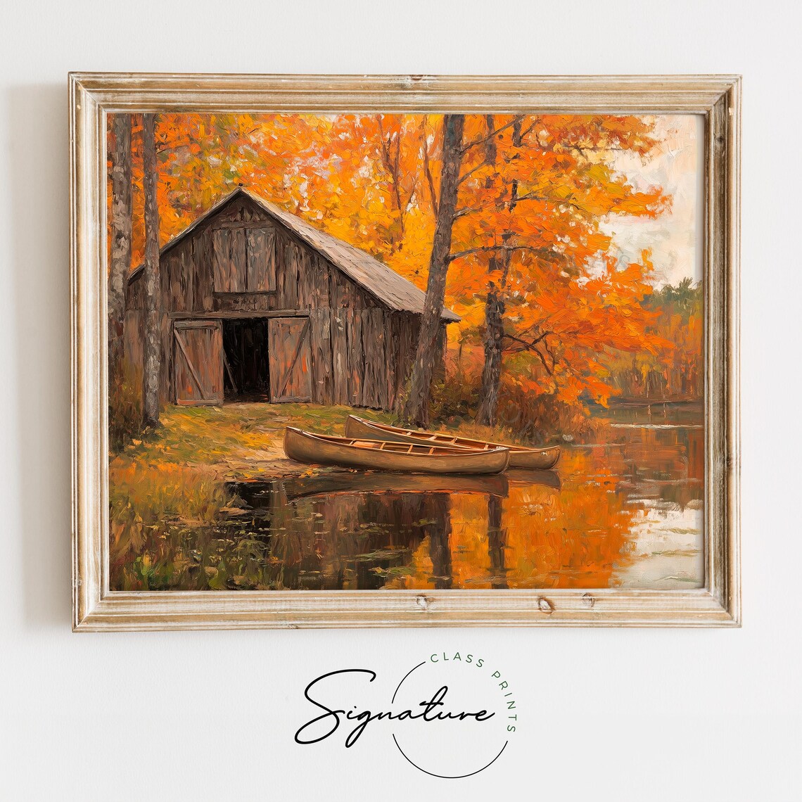 Weathered Barn Beside a Lake With Two Canoes in Peak Fall Colors Poster