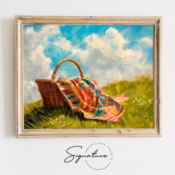 Hillside Picnic Scene Sunny Meadow Picnic Basket Art Countryside Print Rustic Wall Art Pastoral Decor 596