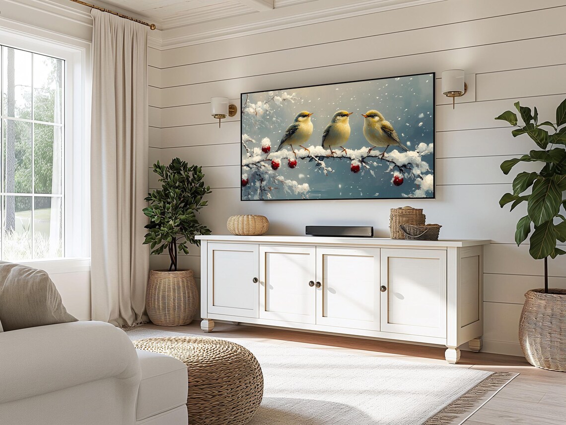 Goldcrest Trio On Snowy Berry Branch In Gentle Falling Snow Winter Art Poster - Image 3