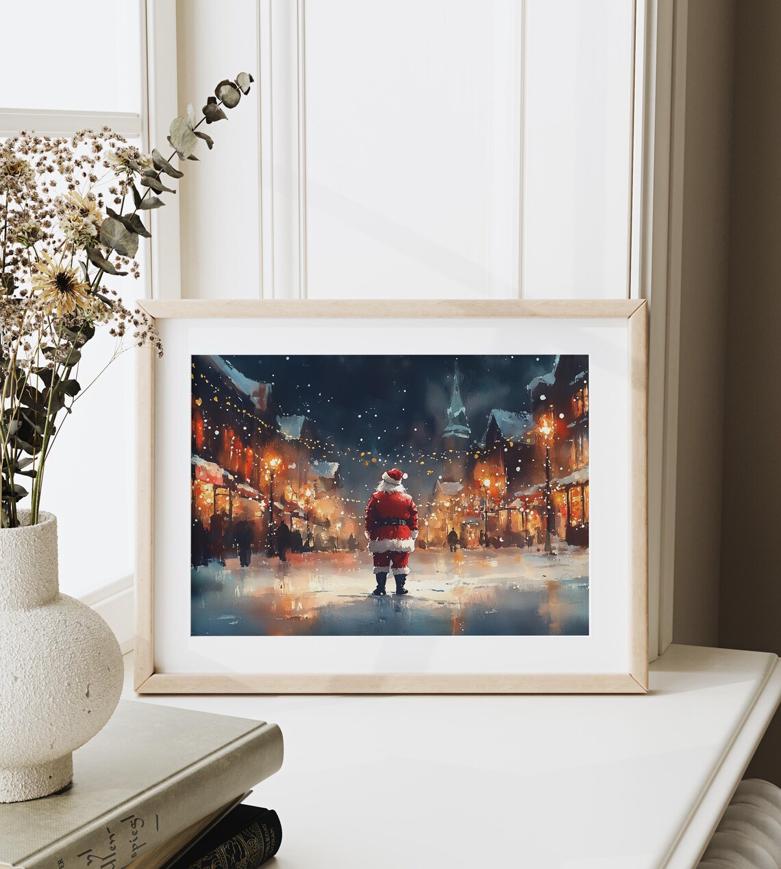 Santa Walking Down Festive Lit Street Night Church Steeple Poster - Image 6