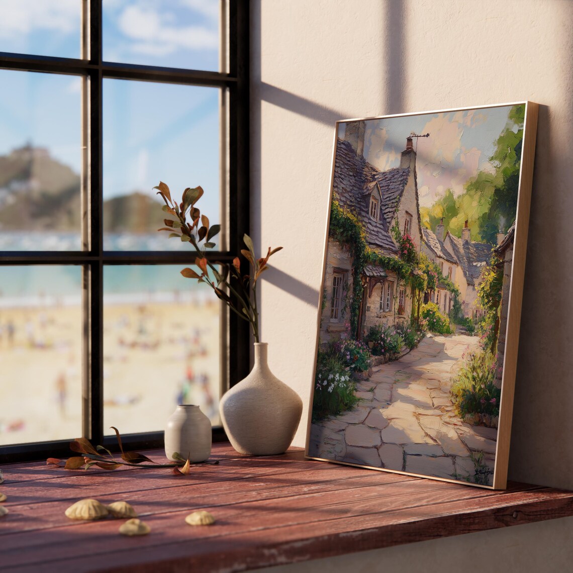 Sunlit English Village Lane Ivy Covered Stone Cottages Poster - Image 3
