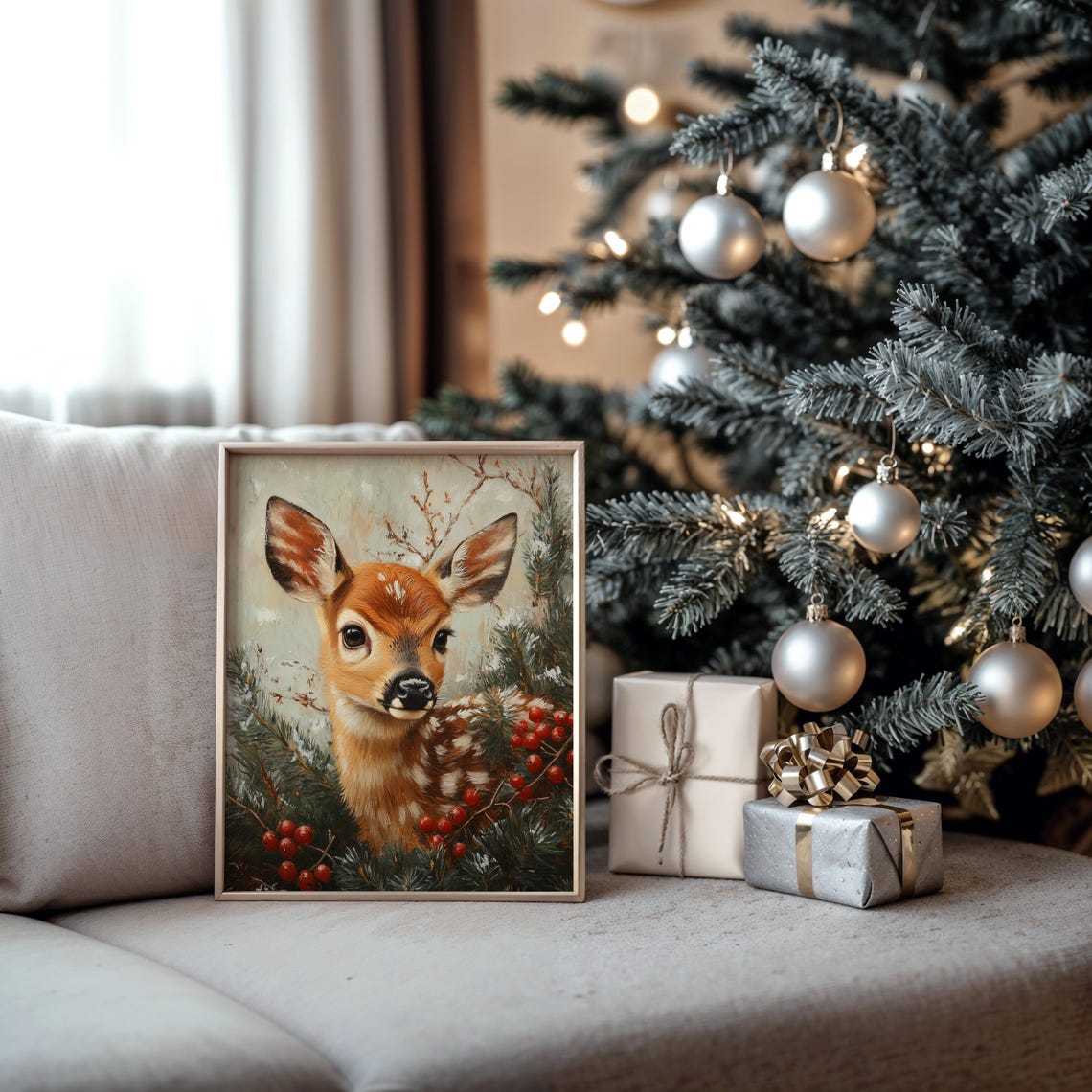 Fawn Among Pine Branches and Red Berries Winter Oil Painting Print - Image 5