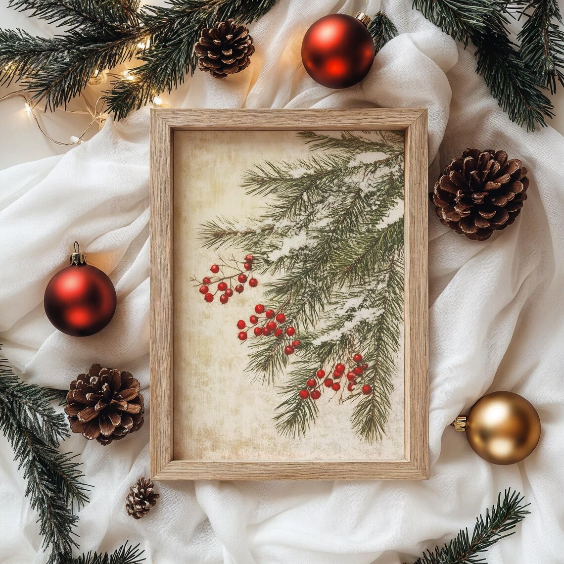 Pine Branches With Red Berries, Vintage Holiday Art Print - Image 4