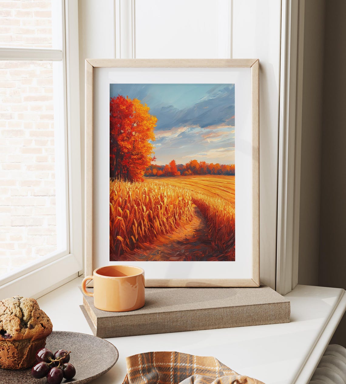 Sunset Over Golden Cornfield With Blazing Red Autumn Tree Wall Art - Image 6