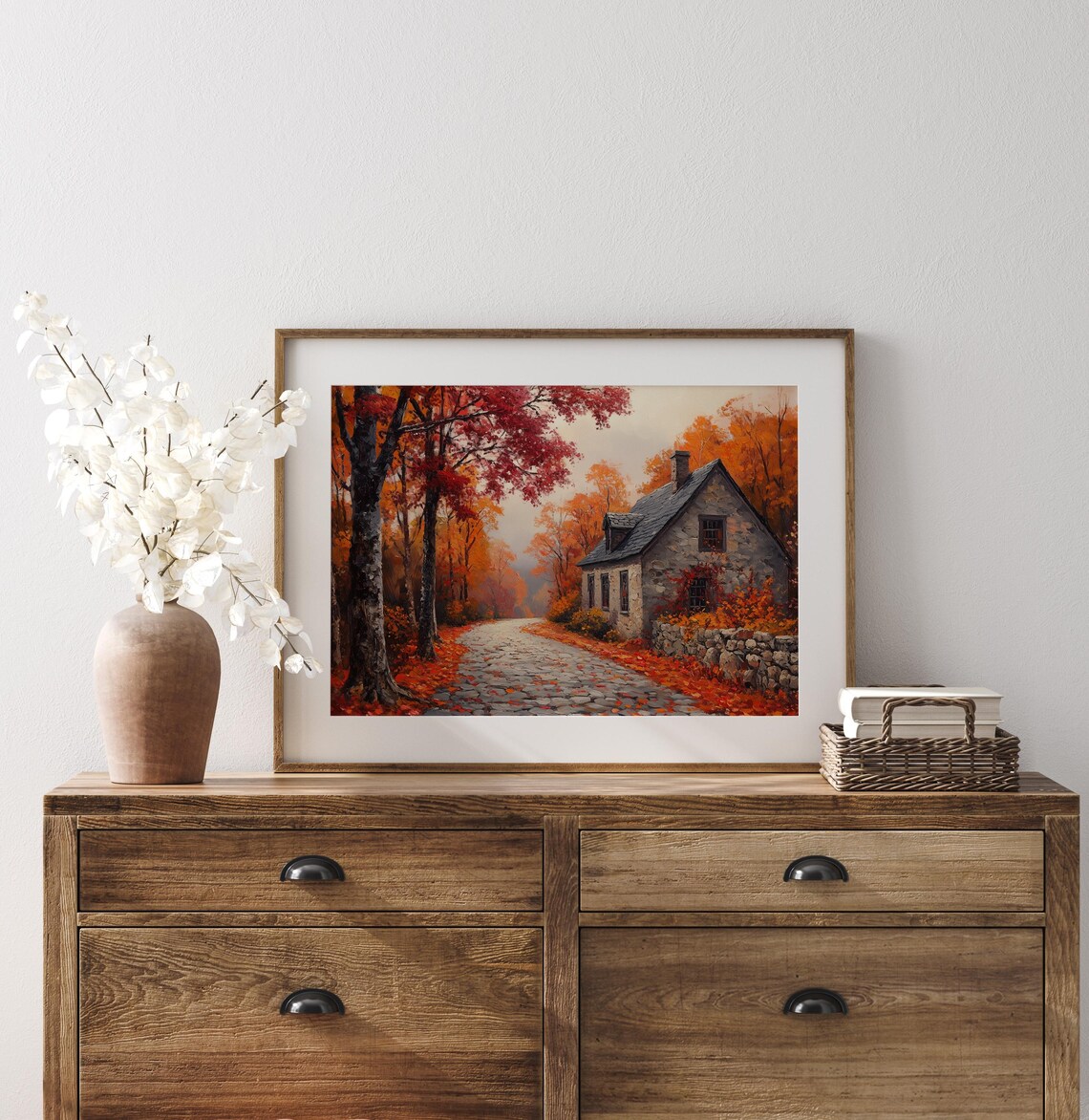 Stone Cottage Autumn Lane Falling Leaves Rustic Fall Landscape Wall Art - Image 3