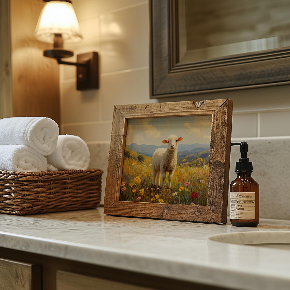 White Lamb Standing in Wildflower Field Mountain View Spring Poster - Image 6