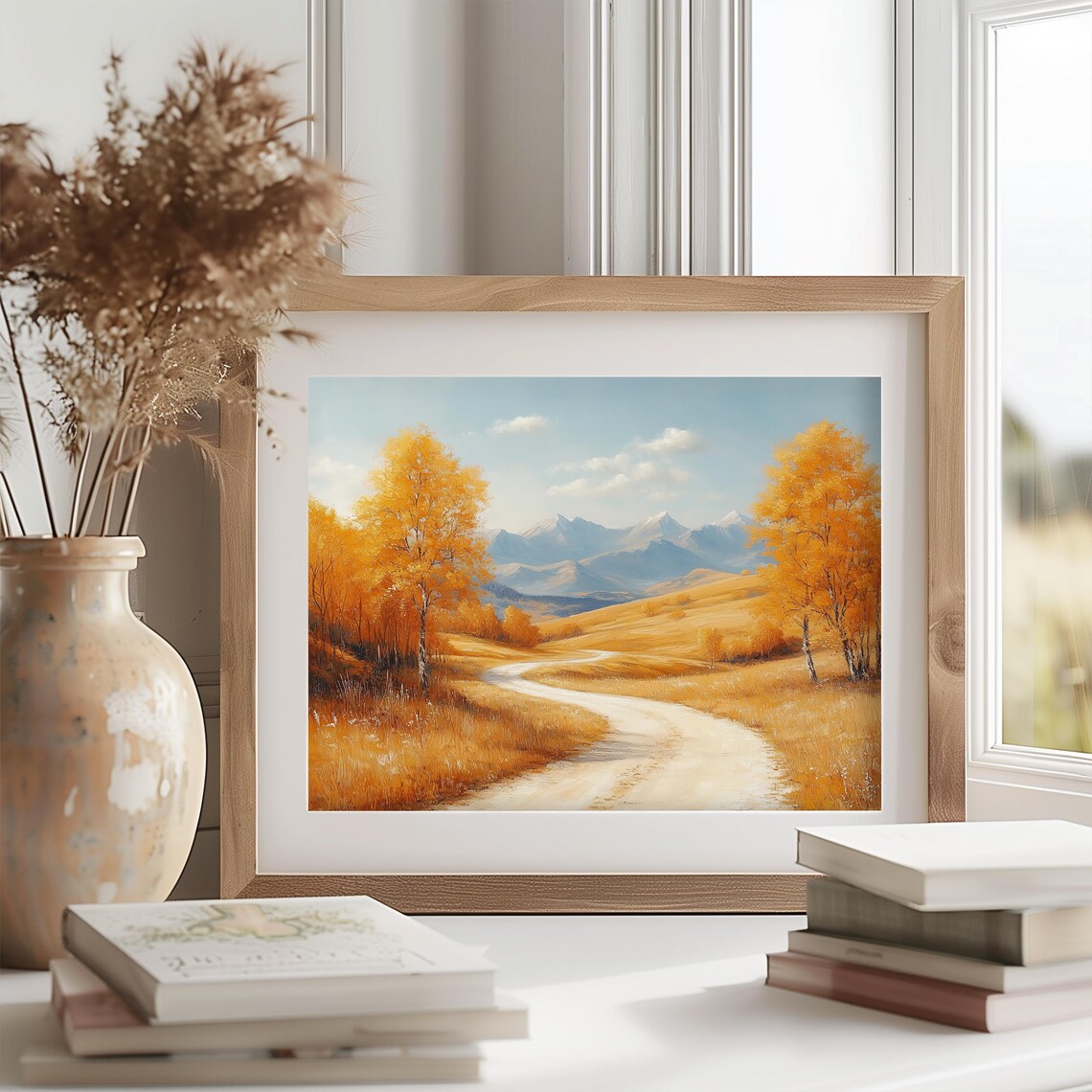 Winding Dirt Road Through Golden Autumn Hills to Mountains Poster - Image 2