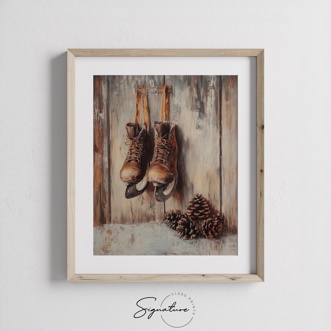 Pair of Vintage Ice Skates on Rustic Wood Winter Oil Painting Print - Image 2