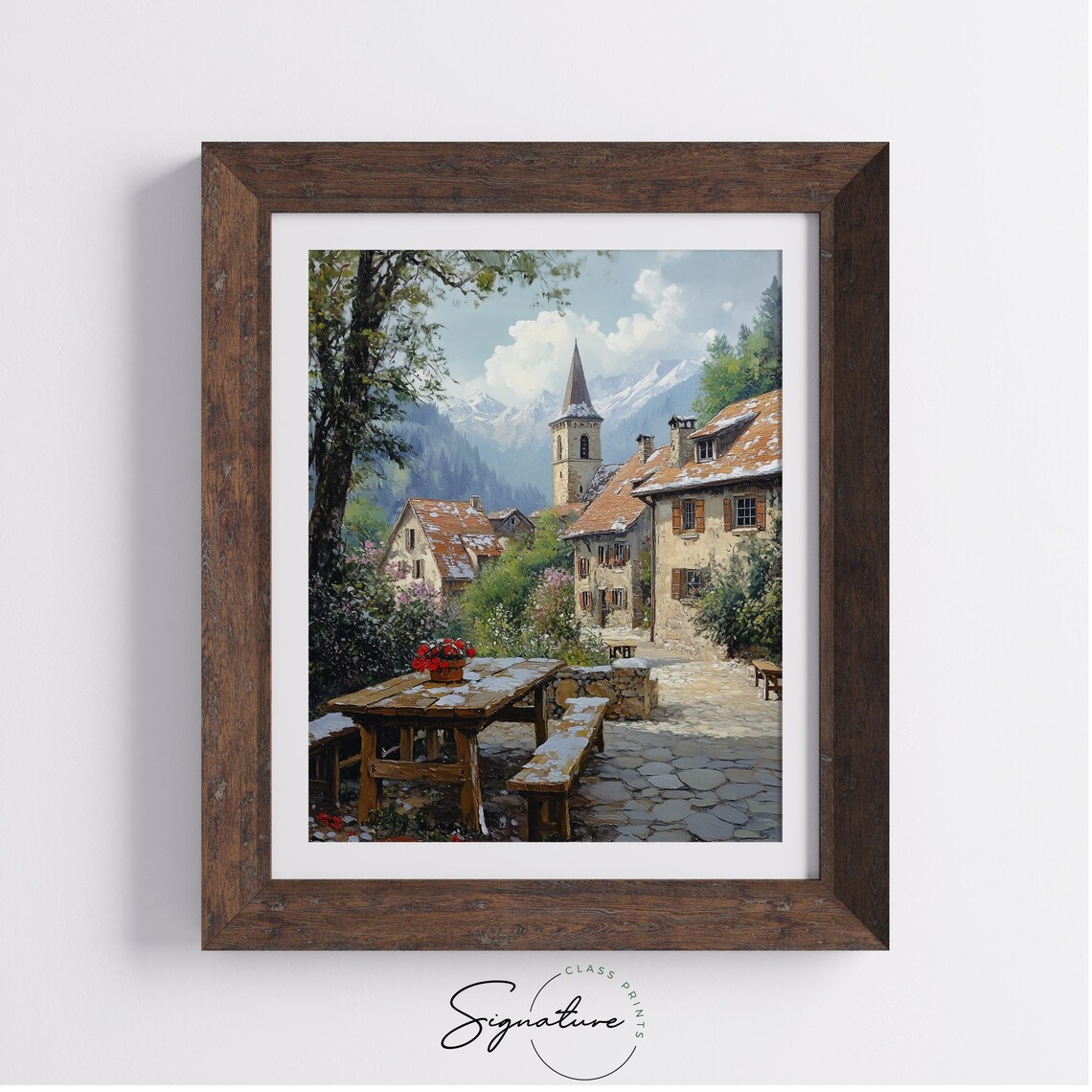 Sunny Alpine Village Church Spire Stone Cottages Summer Poster - Image 3