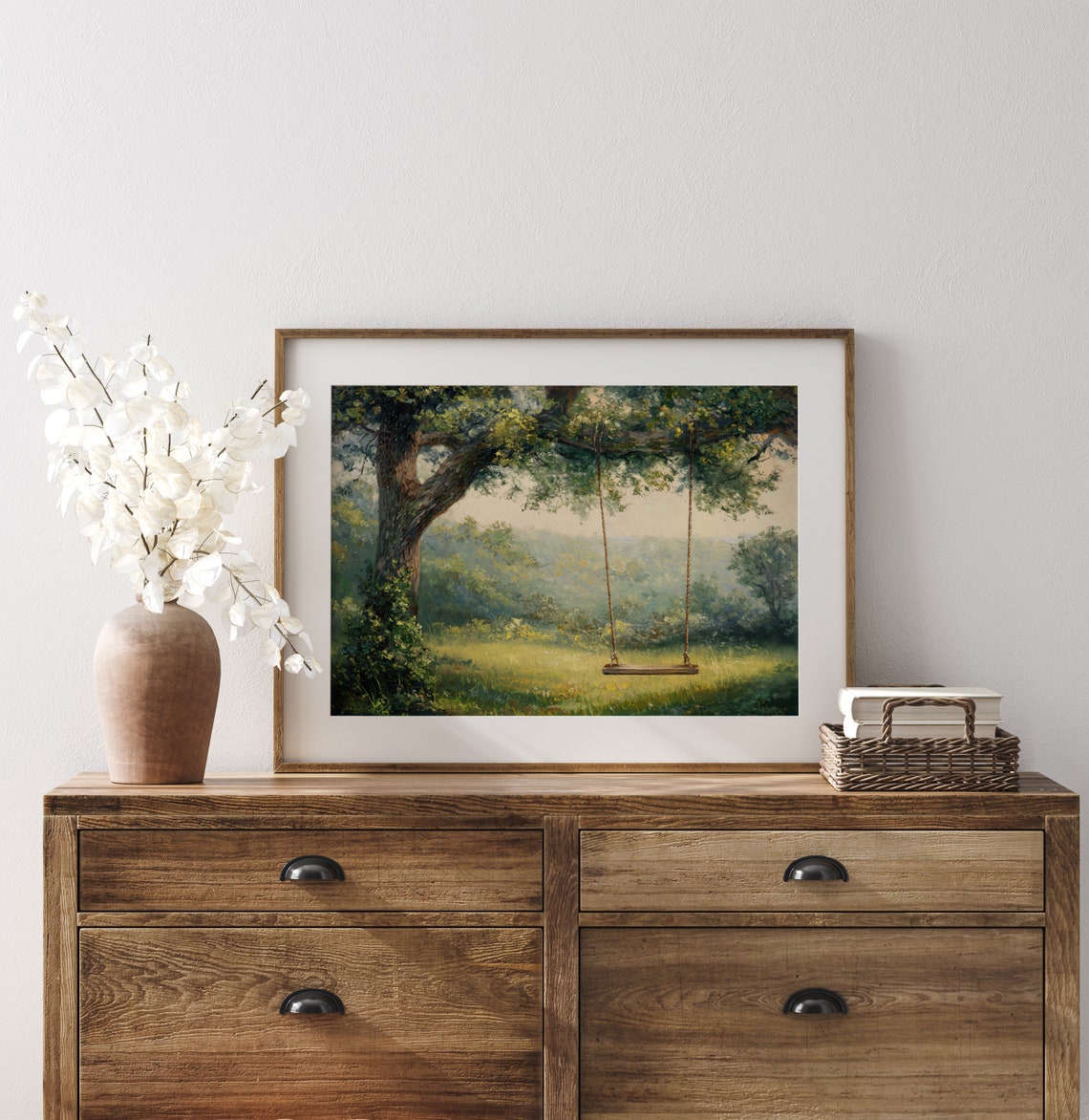 Wooden Swing Under Oak Tree Canopy Misty Green Meadow Vintage Poster - Image 3