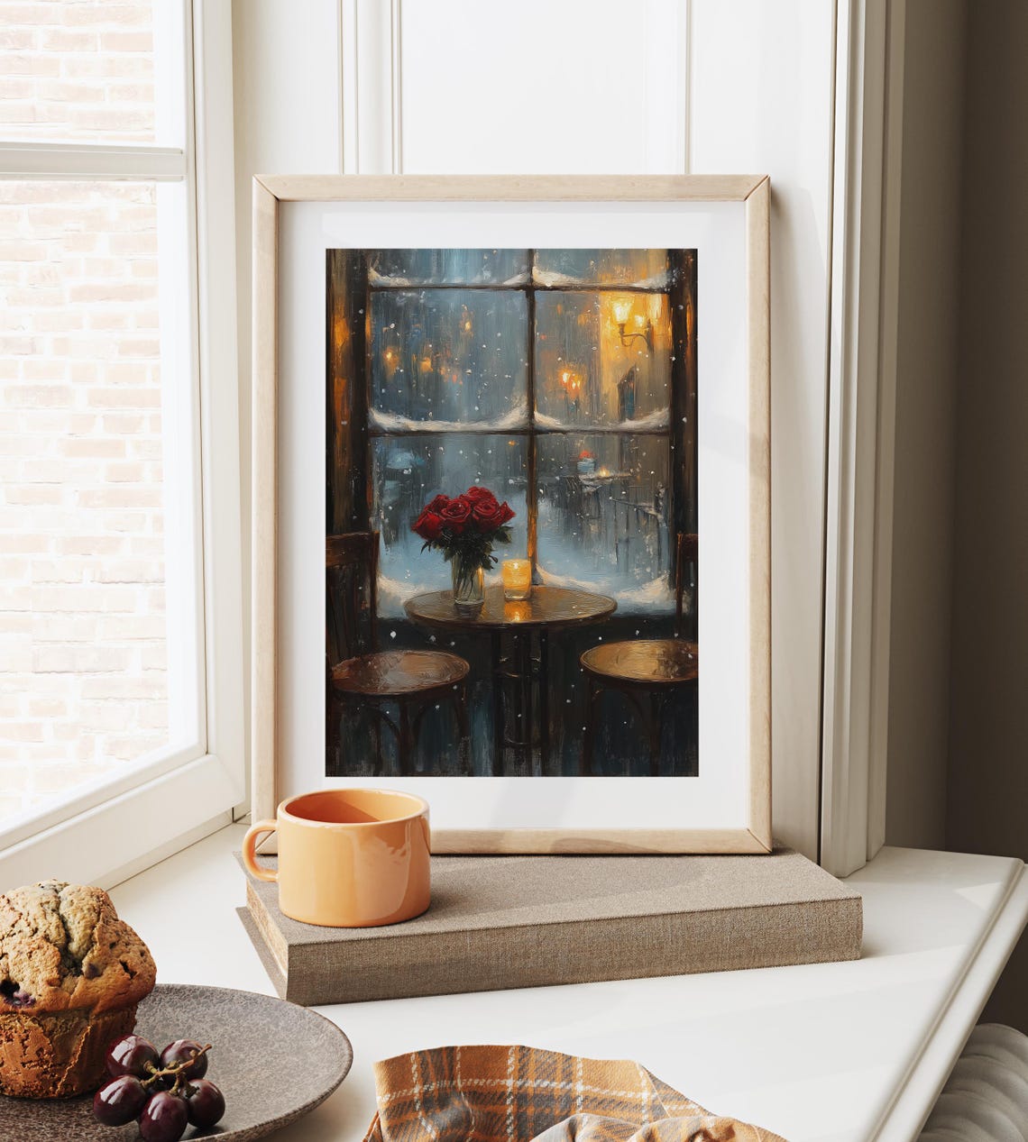 Warm Cafe Window Candlelight Roses Snowy Night Romantic Painting Print - Image 4