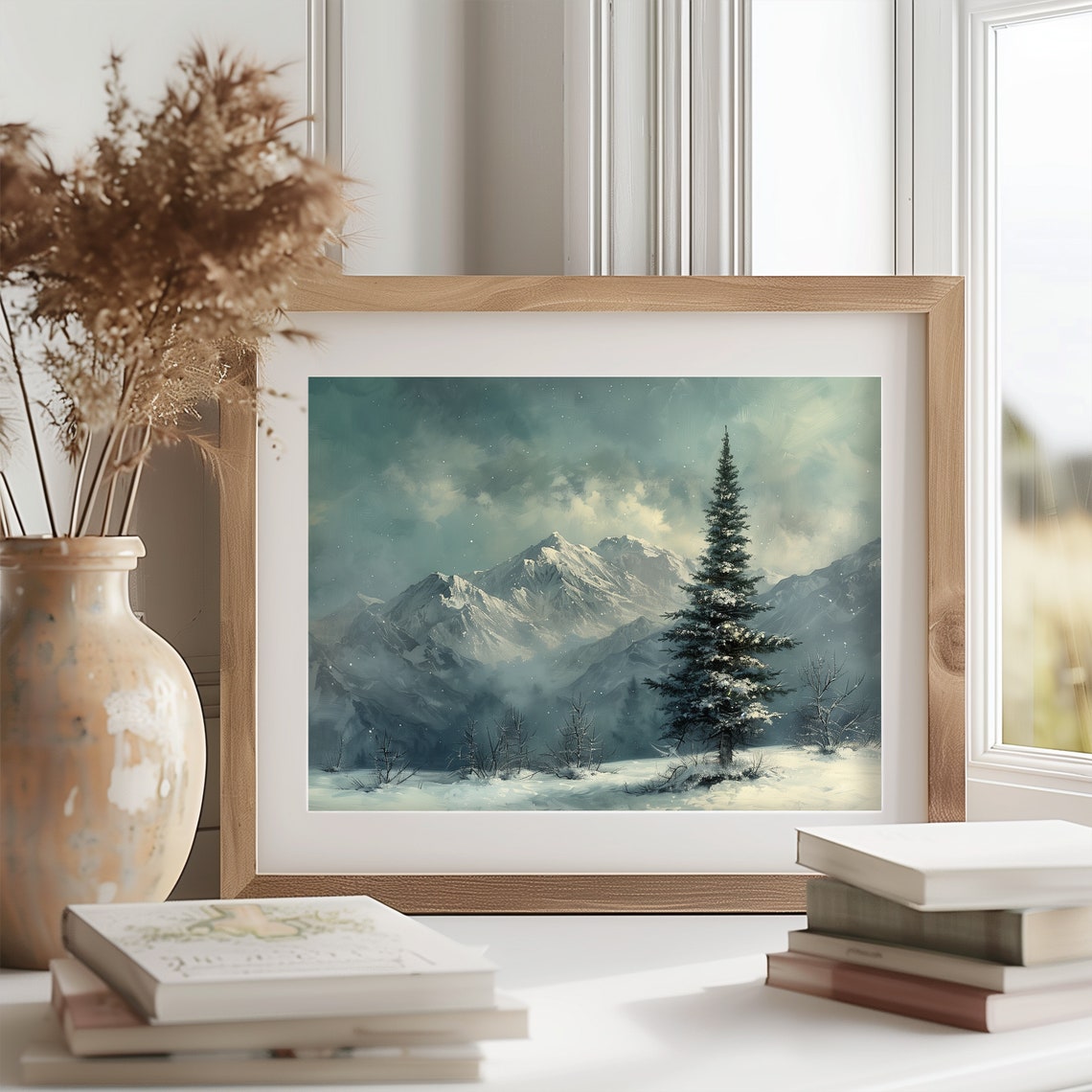 Tall Spruce Under Starlit Teal Sky Snowy Mountain Night Poster - Image 2