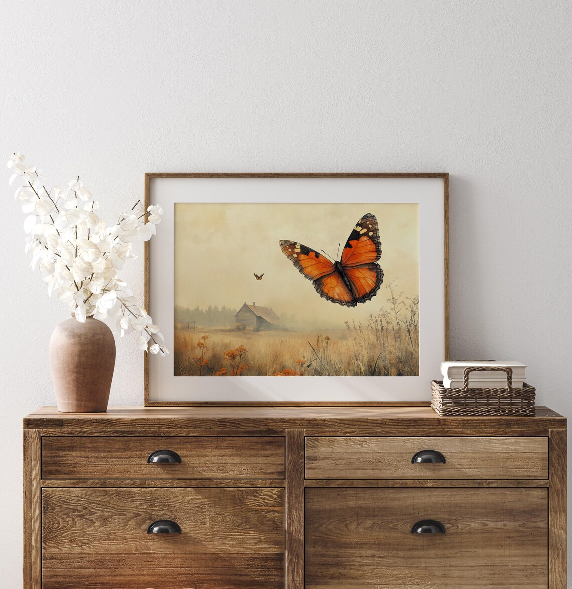 Orange Butterflies Golden Wheat Field Rustic Barn Autumn Morning Art Poster - Image 2