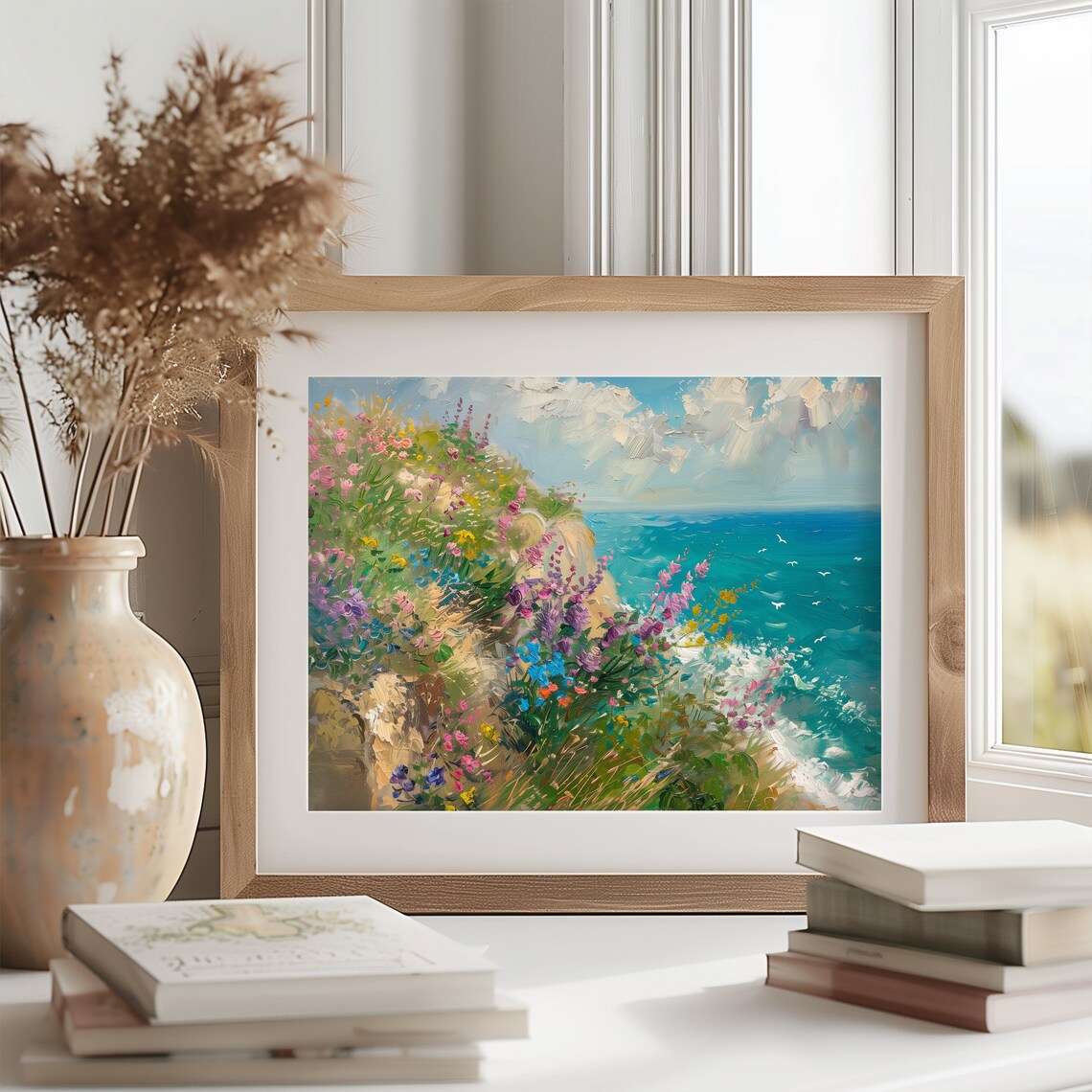 Wildflower Covered Coastal Cliff Over Bright Blue Sea Poster - Image 2